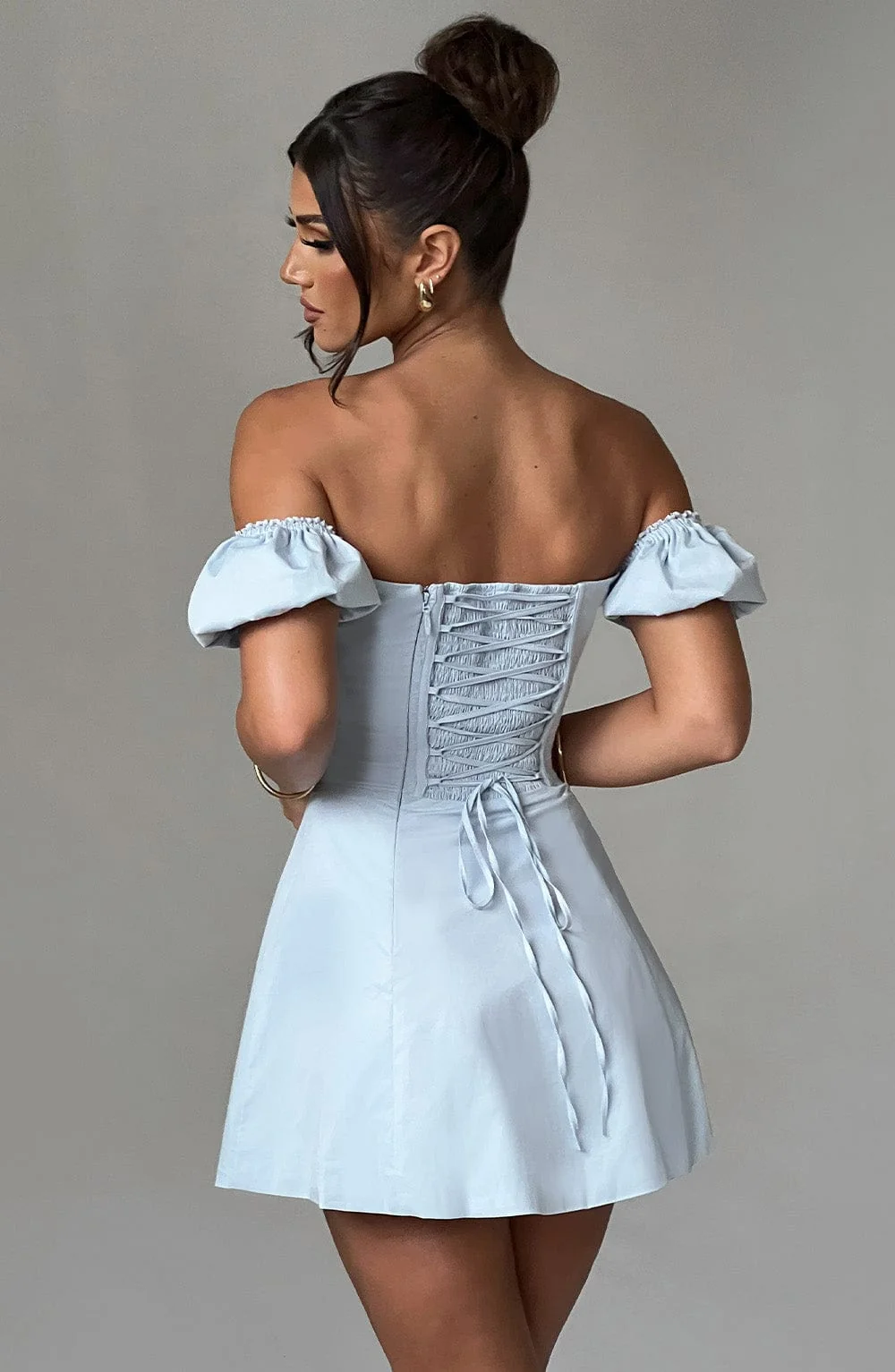 Blue Cotton Mini Dress with Puff Sleeves & Lace Detail