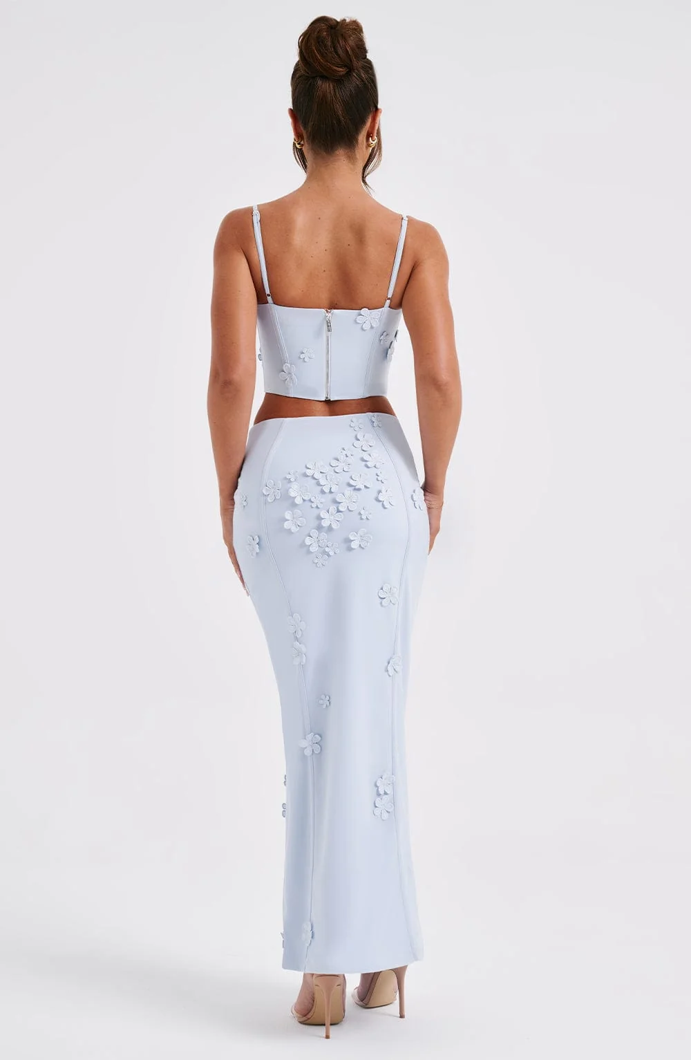 Blue Mesh Maxi Skirt with 3D Flowers