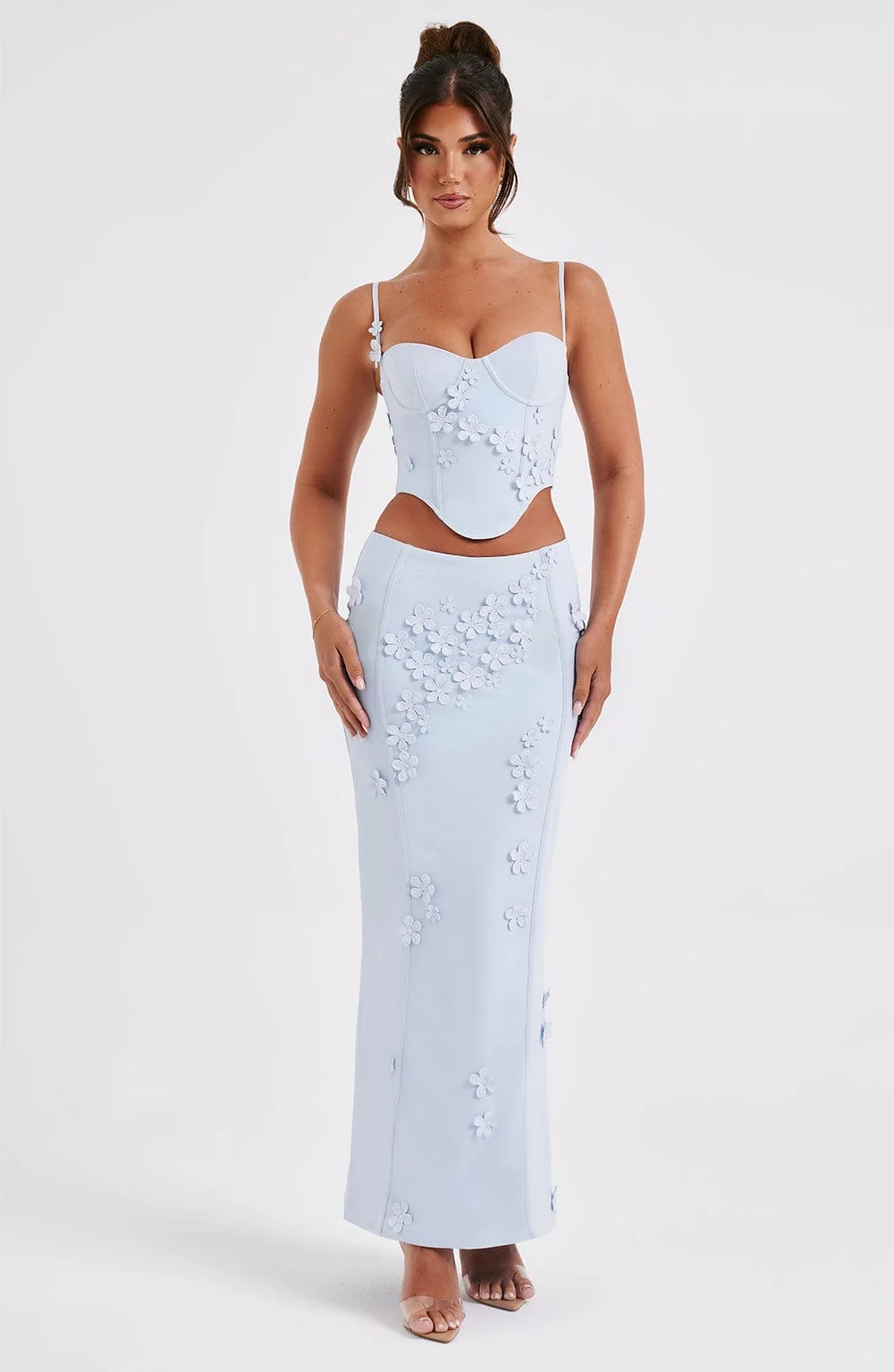 Blue Mesh Maxi Skirt with 3D Flowers