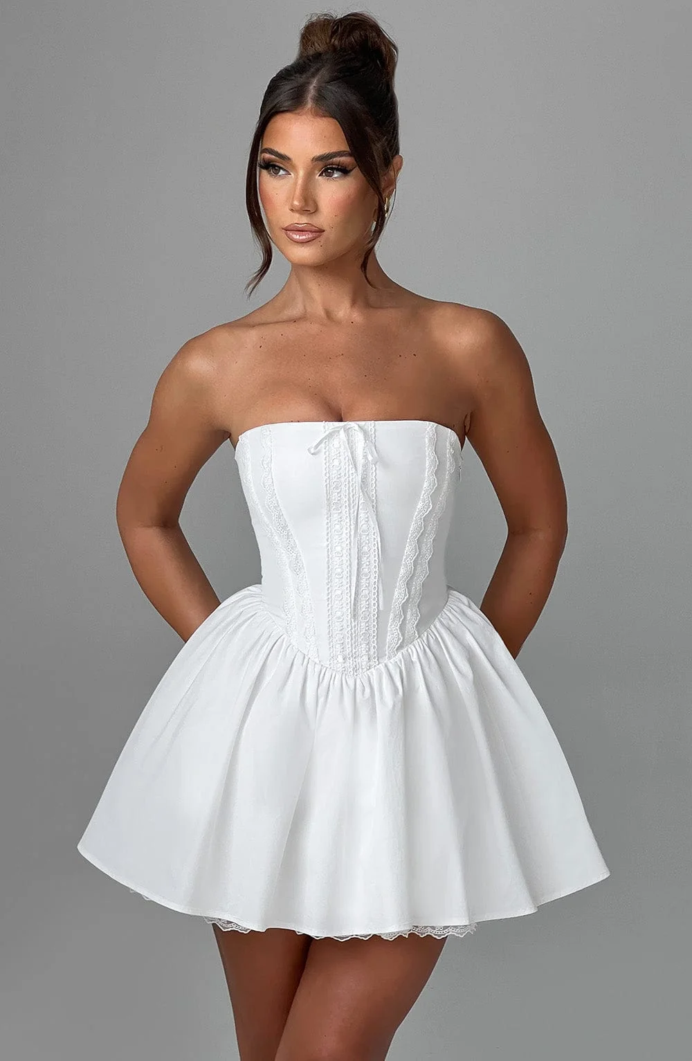 Flirty Ivory Mini Dress with Boned Bodice and Lace Details