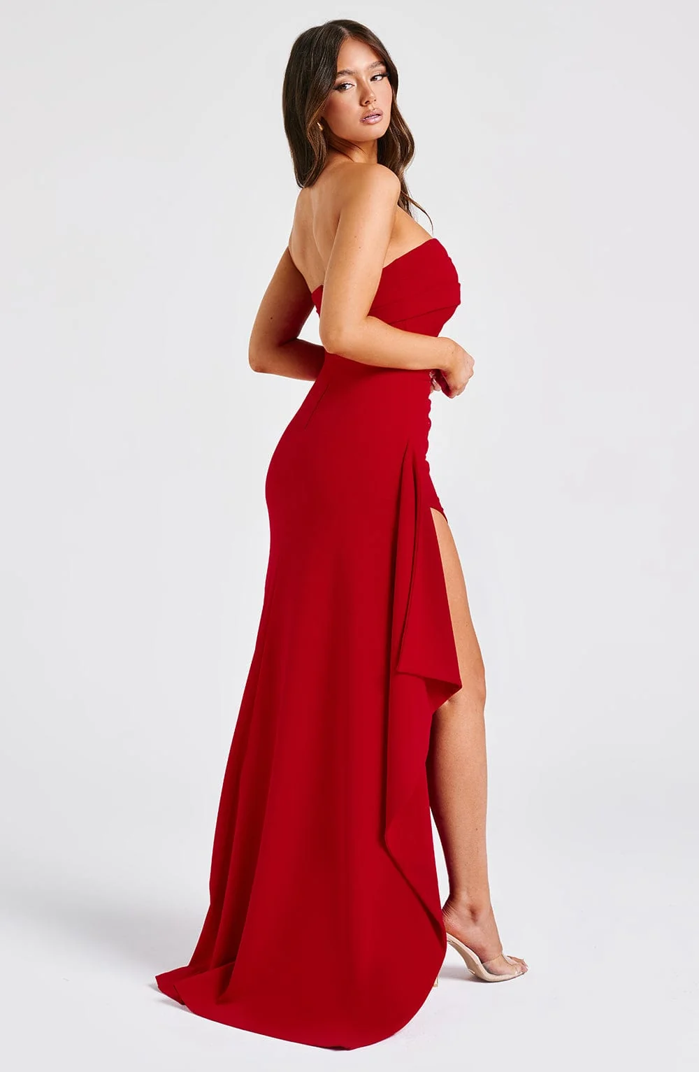 Red Strapless Maxi Dress in Premium Stretch Crepe