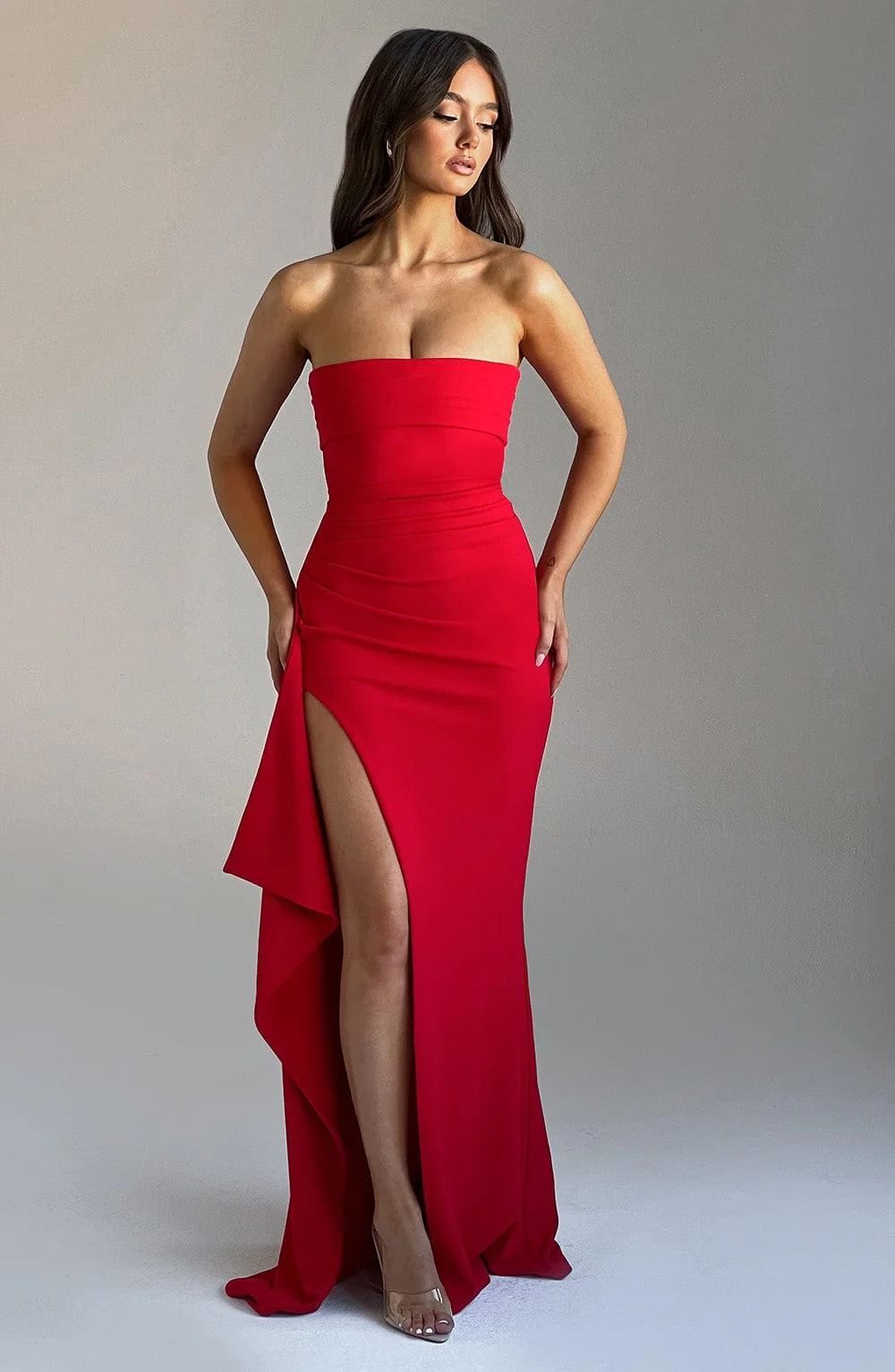 Red Strapless Maxi Dress in Premium Stretch Crepe