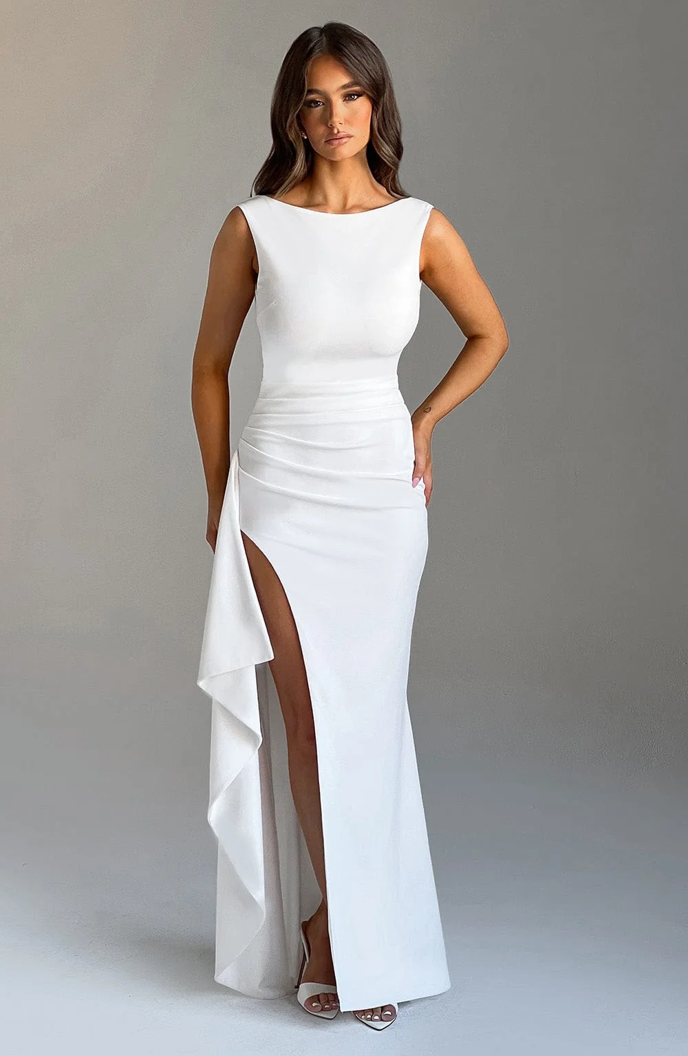 Ivory Maxi Dress with Boat Neckline & Thigh-High Split