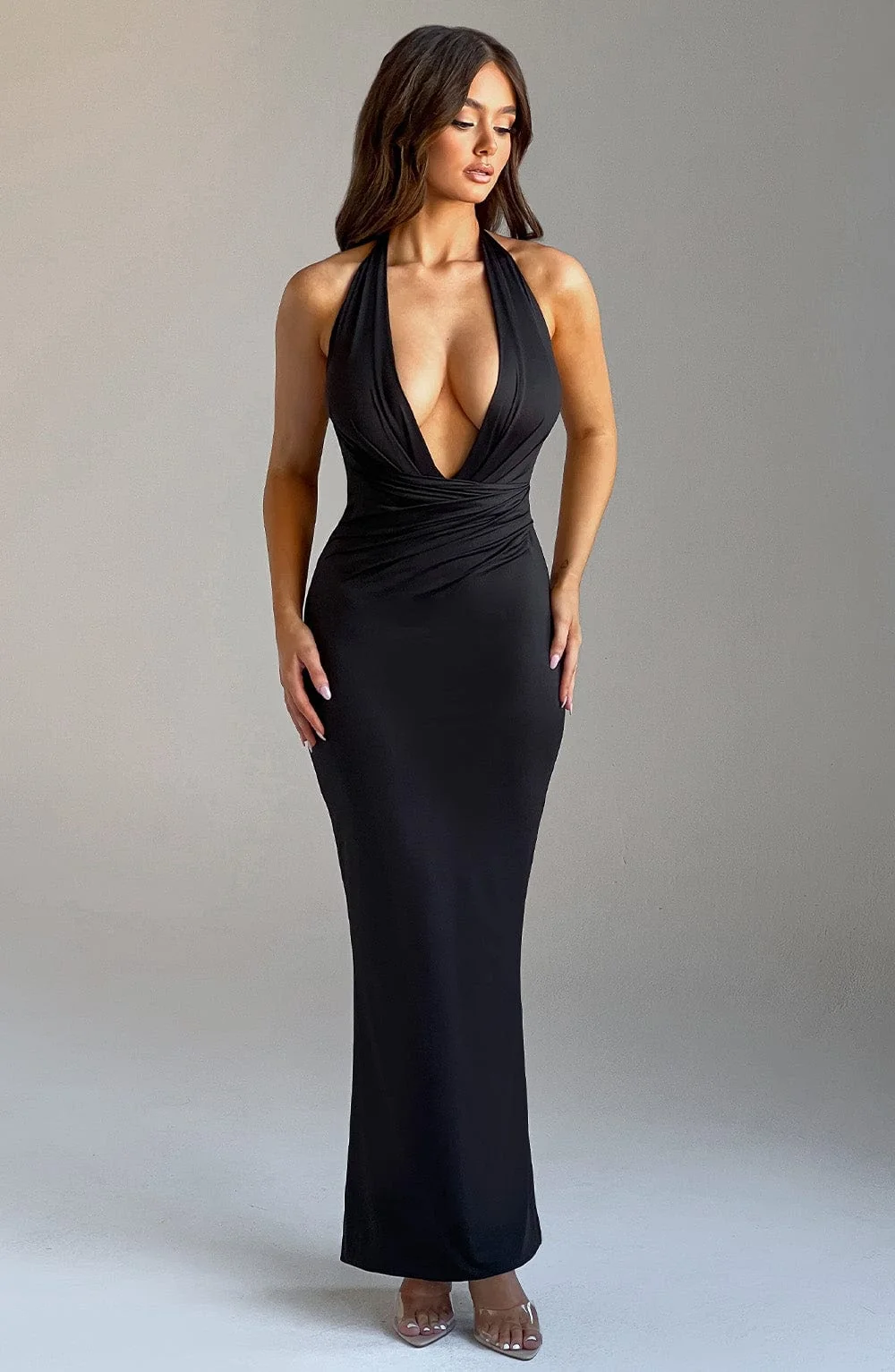 Black Plunge Neckline Maxi Dress - Premium Jersey Fabric
