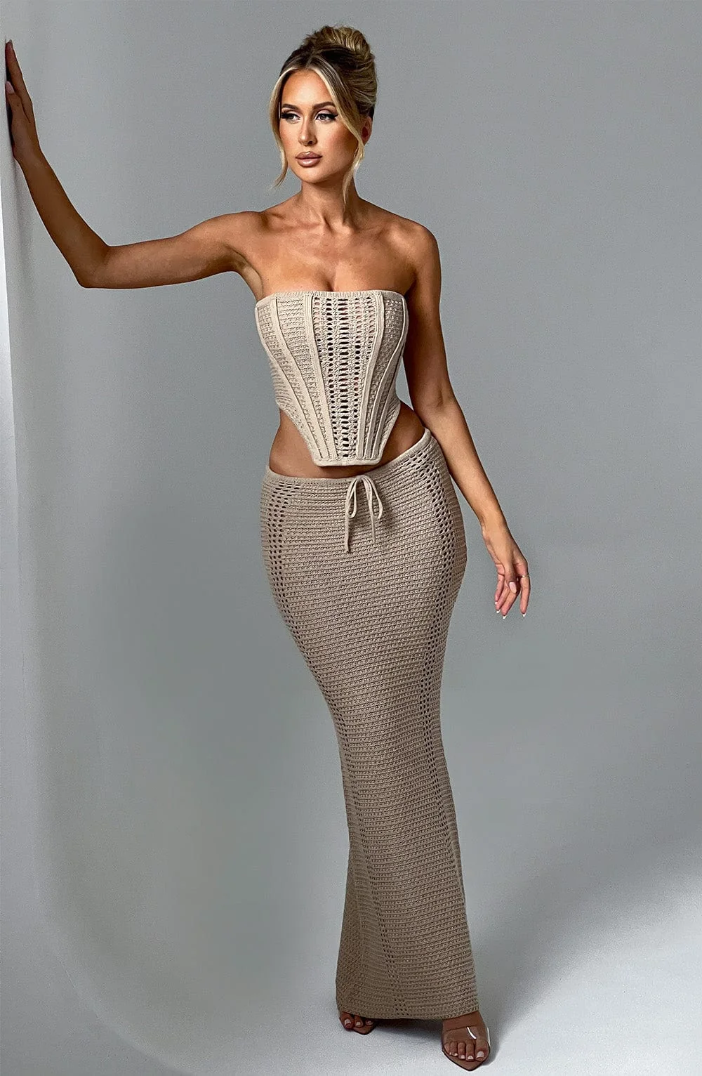Beige Crochet Knit Maxi Skirt - Mid-Rise Drawstring Waist
