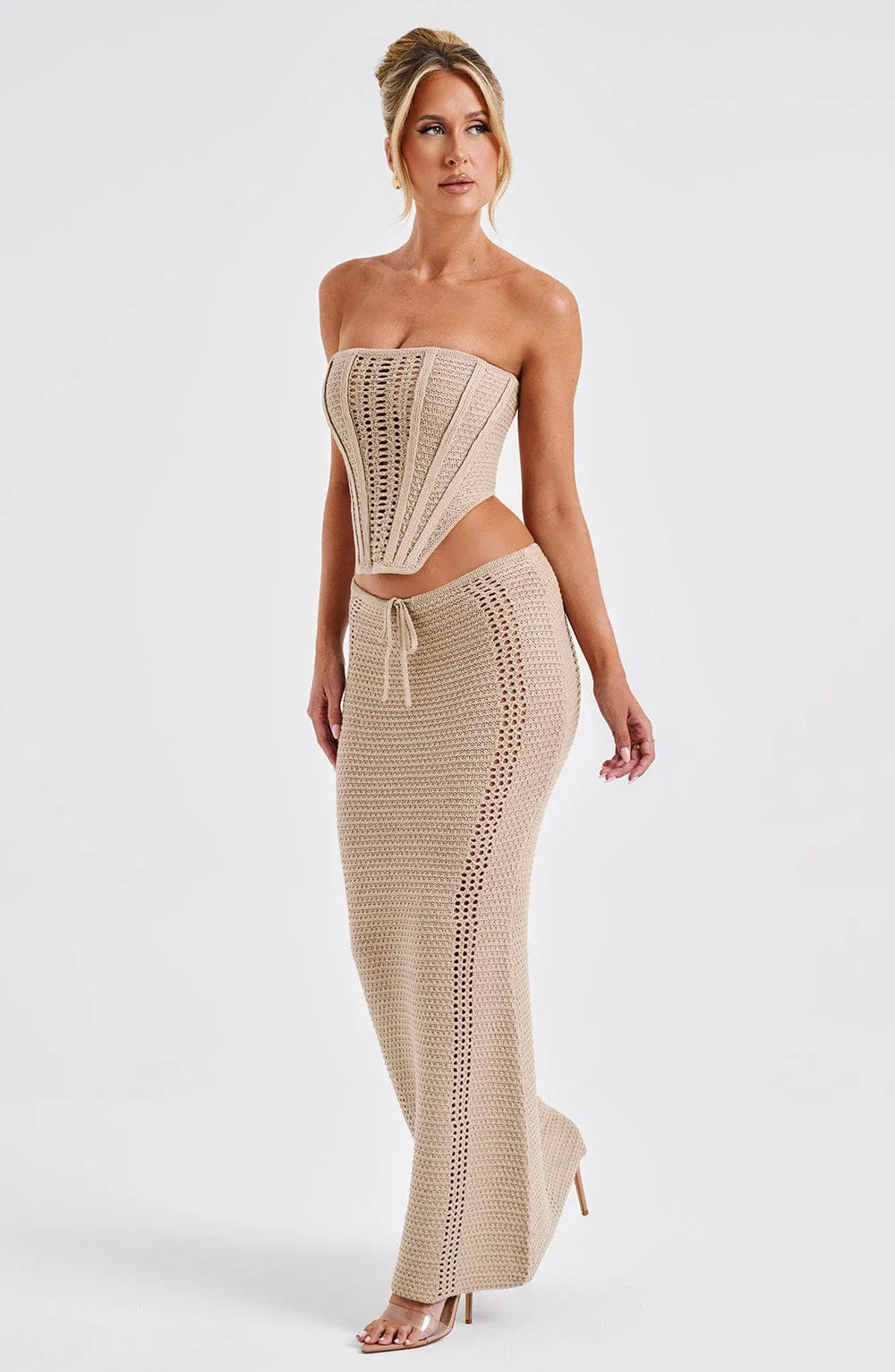 Beige Crochet Knit Maxi Skirt - Mid-Rise Drawstring Waist