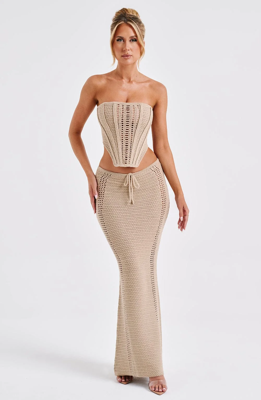 Beige Crochet Knit Maxi Skirt - Mid-Rise Drawstring Waist