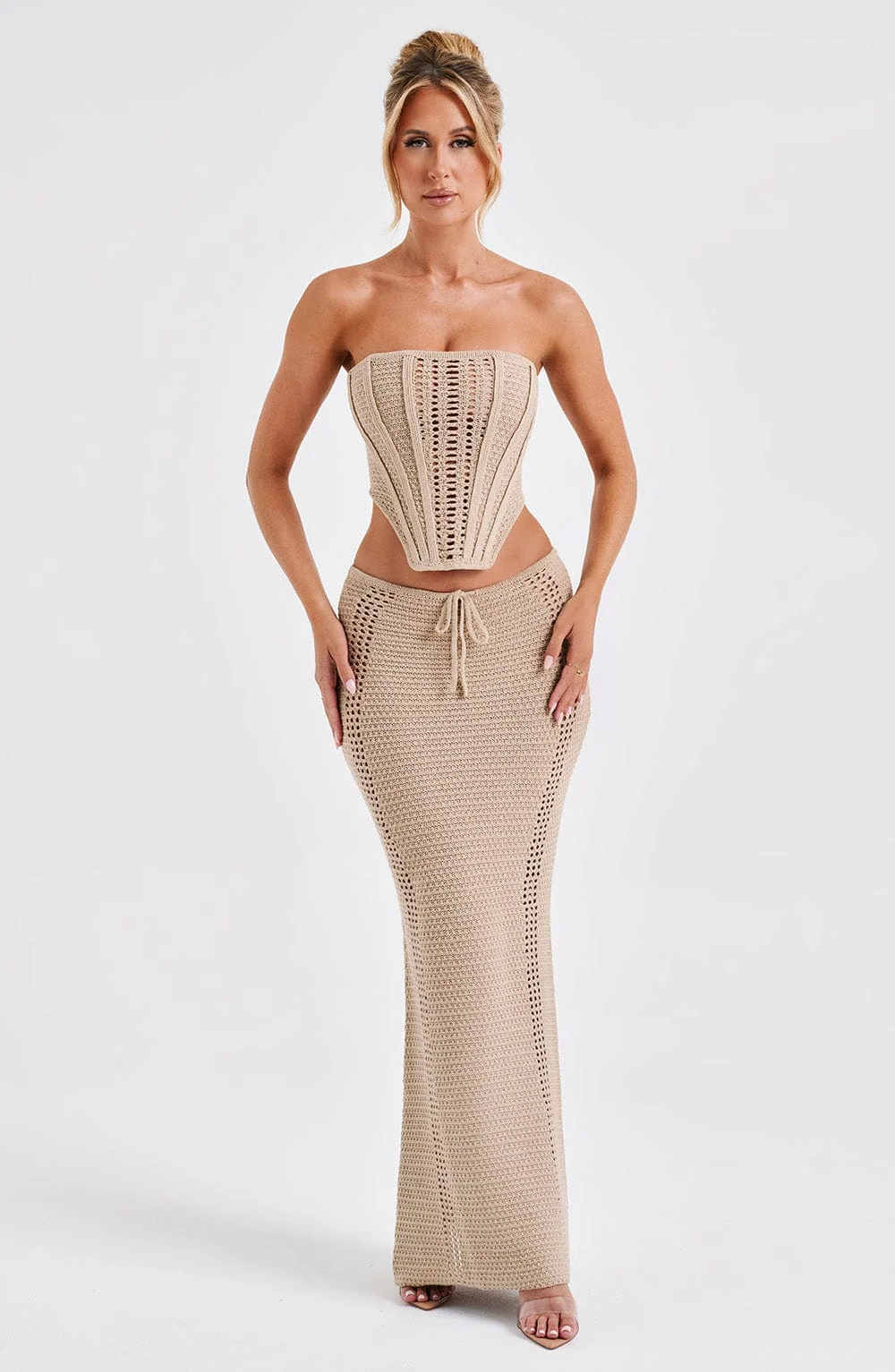 Beige Crochet Knit Maxi Skirt - Mid-Rise Drawstring Waist