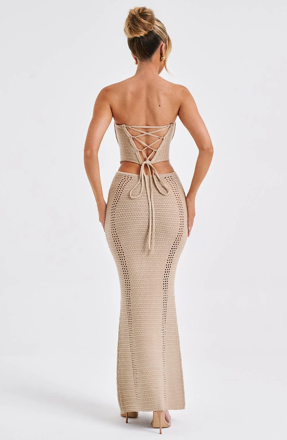 Beige Crochet Knit Maxi Skirt - Mid-Rise Drawstring Waist