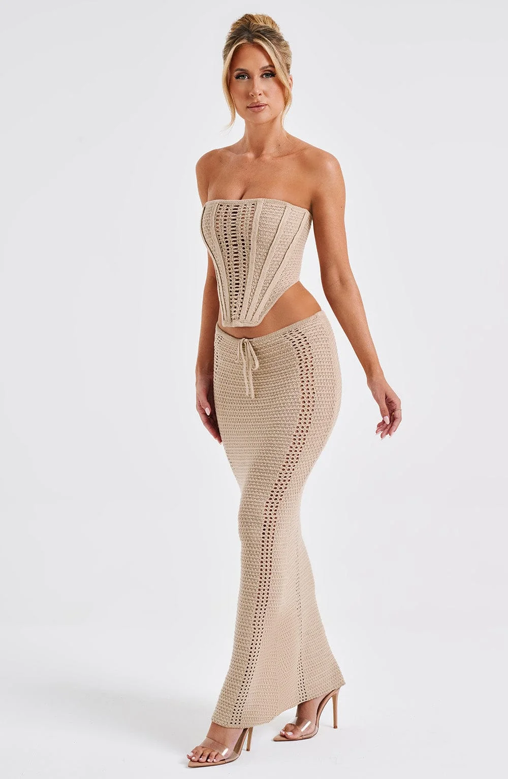 Beige Crochet Knit Maxi Skirt - Mid-Rise Drawstring Waist
