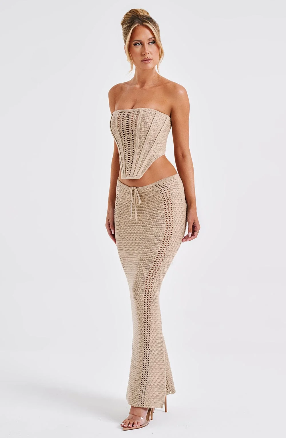 Beige Crochet Knit Maxi Skirt - Mid-Rise Drawstring Waist
