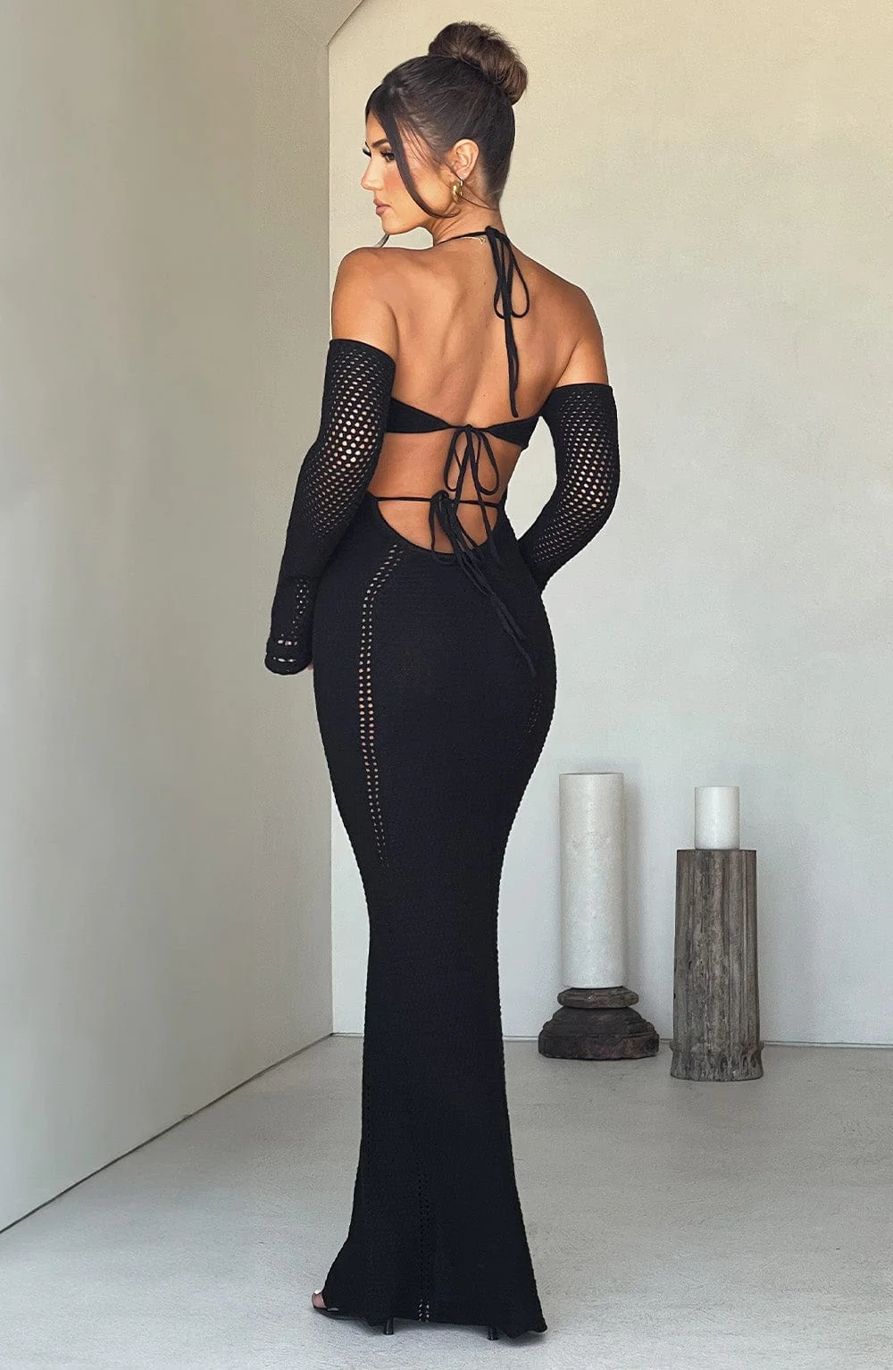 Black Crochet Knit Off-Shoulder Maxi Dress