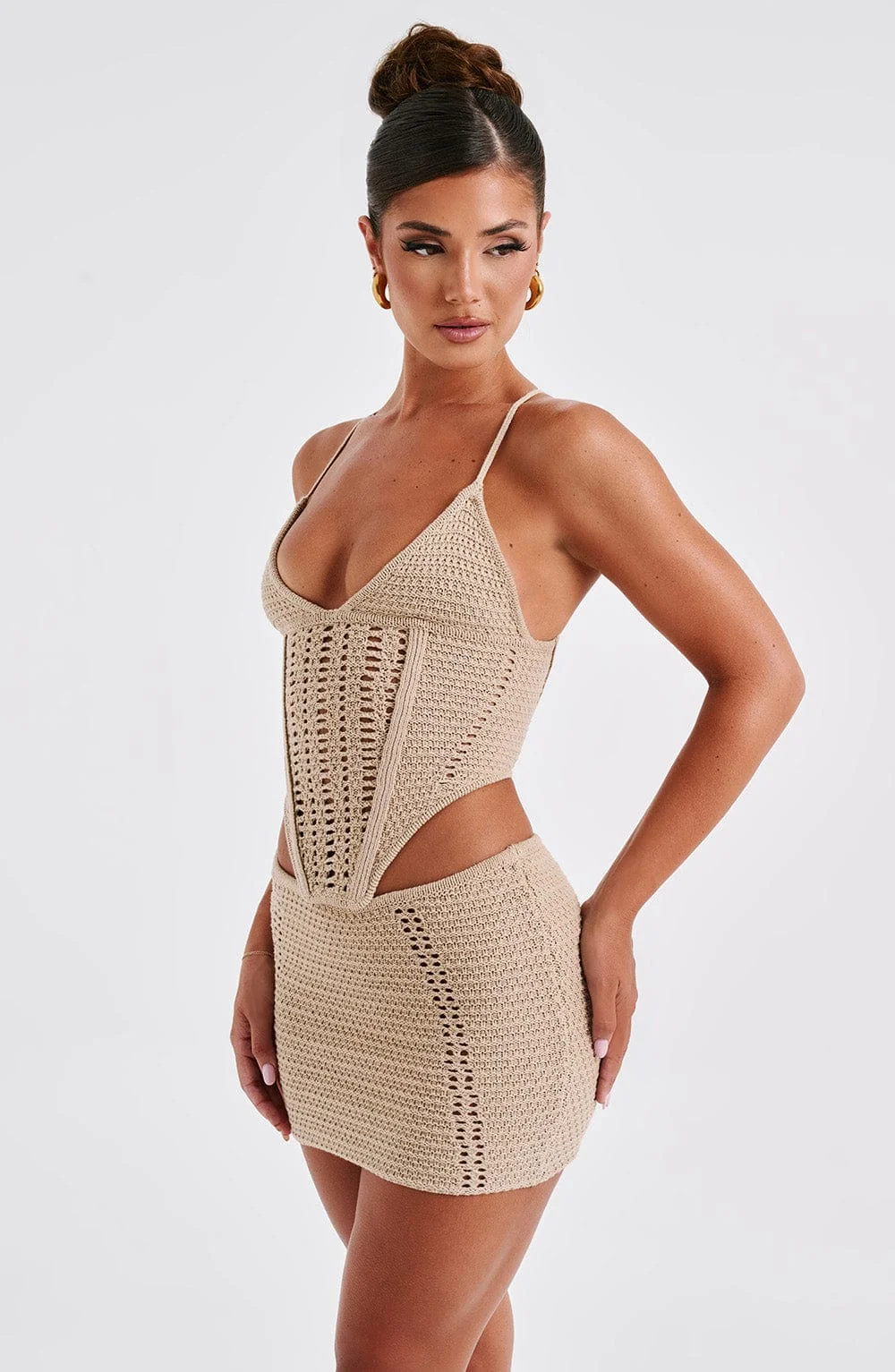 Premium Crochet Knit Top - Beige Triangle Cups Lace-Up Back