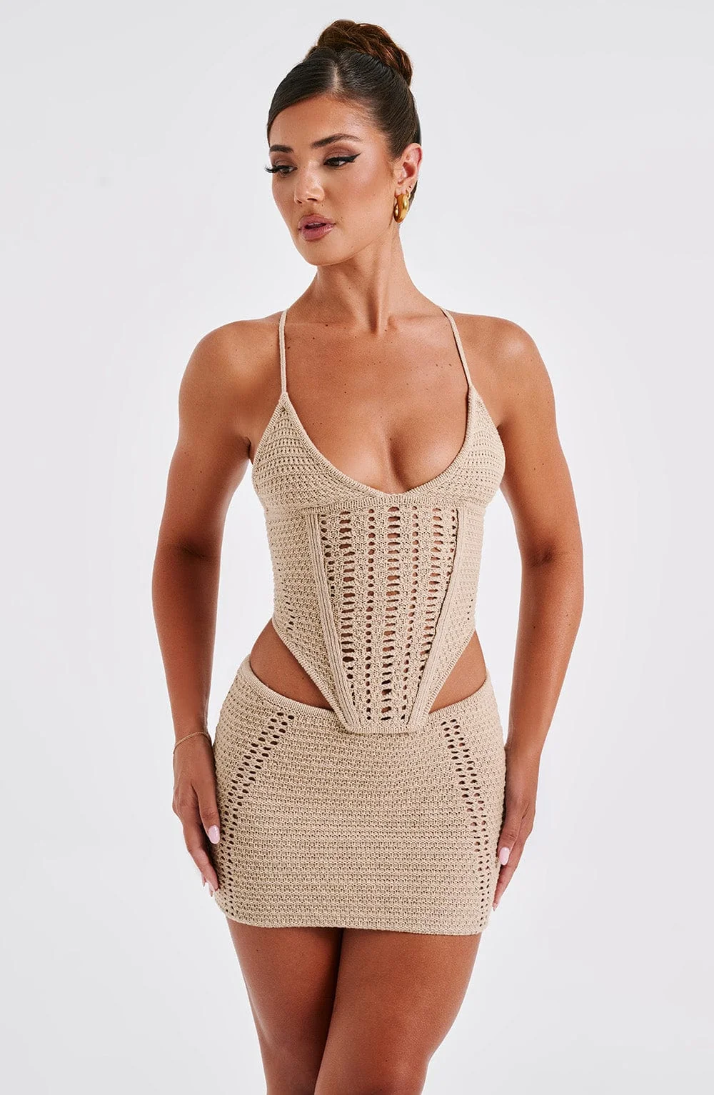 Premium Crochet Knit Top - Beige Triangle Cups Lace-Up Back