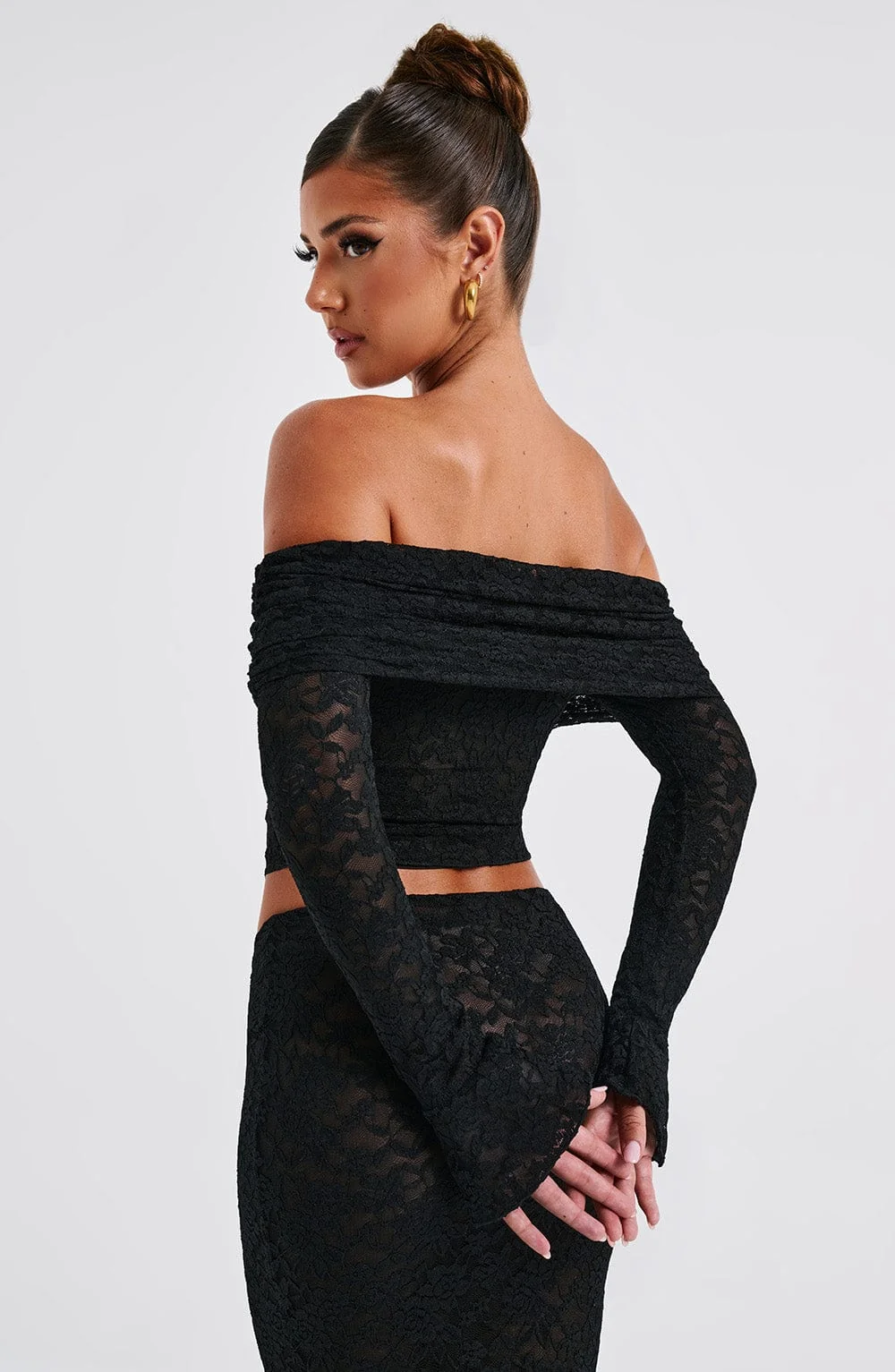 Floral Lace Off Shoulder Crop Top - Black Blanca