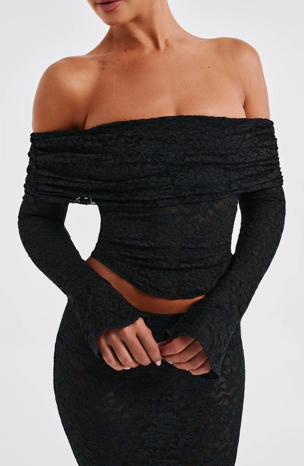 Floral Lace Off Shoulder Crop Top - Black Blanca