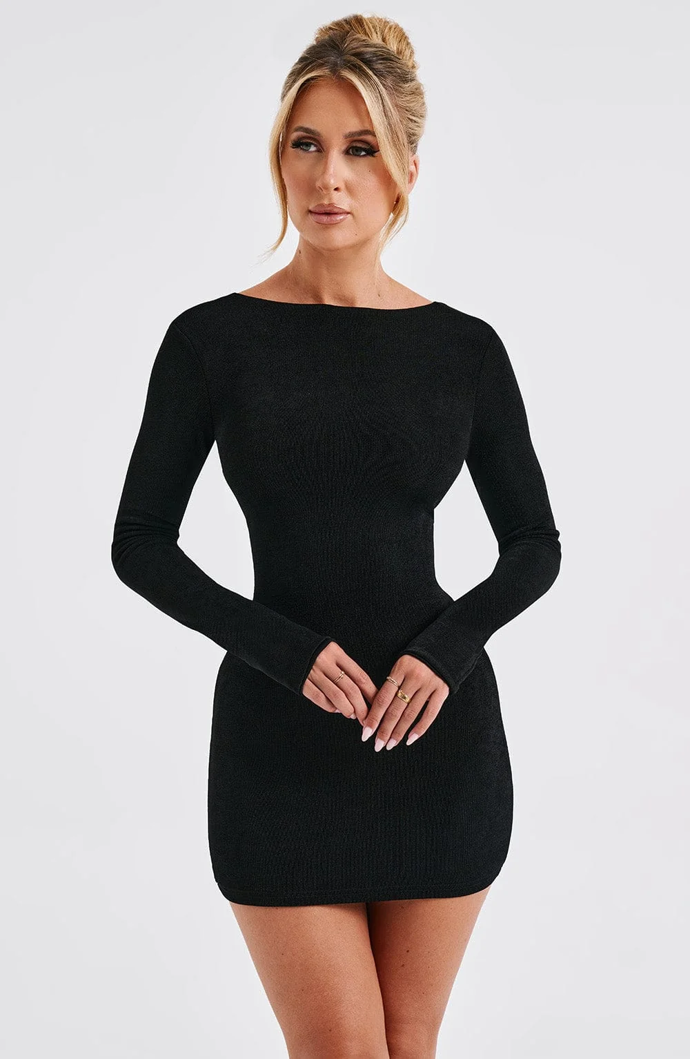 Black High Shine Bodycon Mini Dress - Sleek Fabric, Long Sleeve