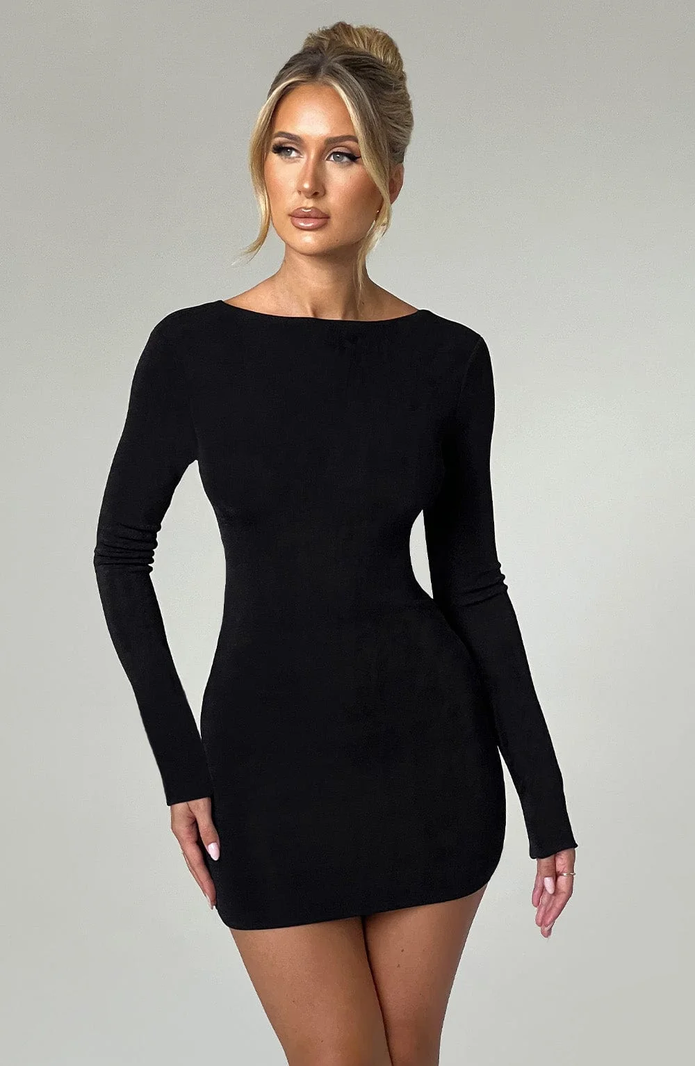 Black High Shine Bodycon Mini Dress - Sleek Fabric, Long Sleeve