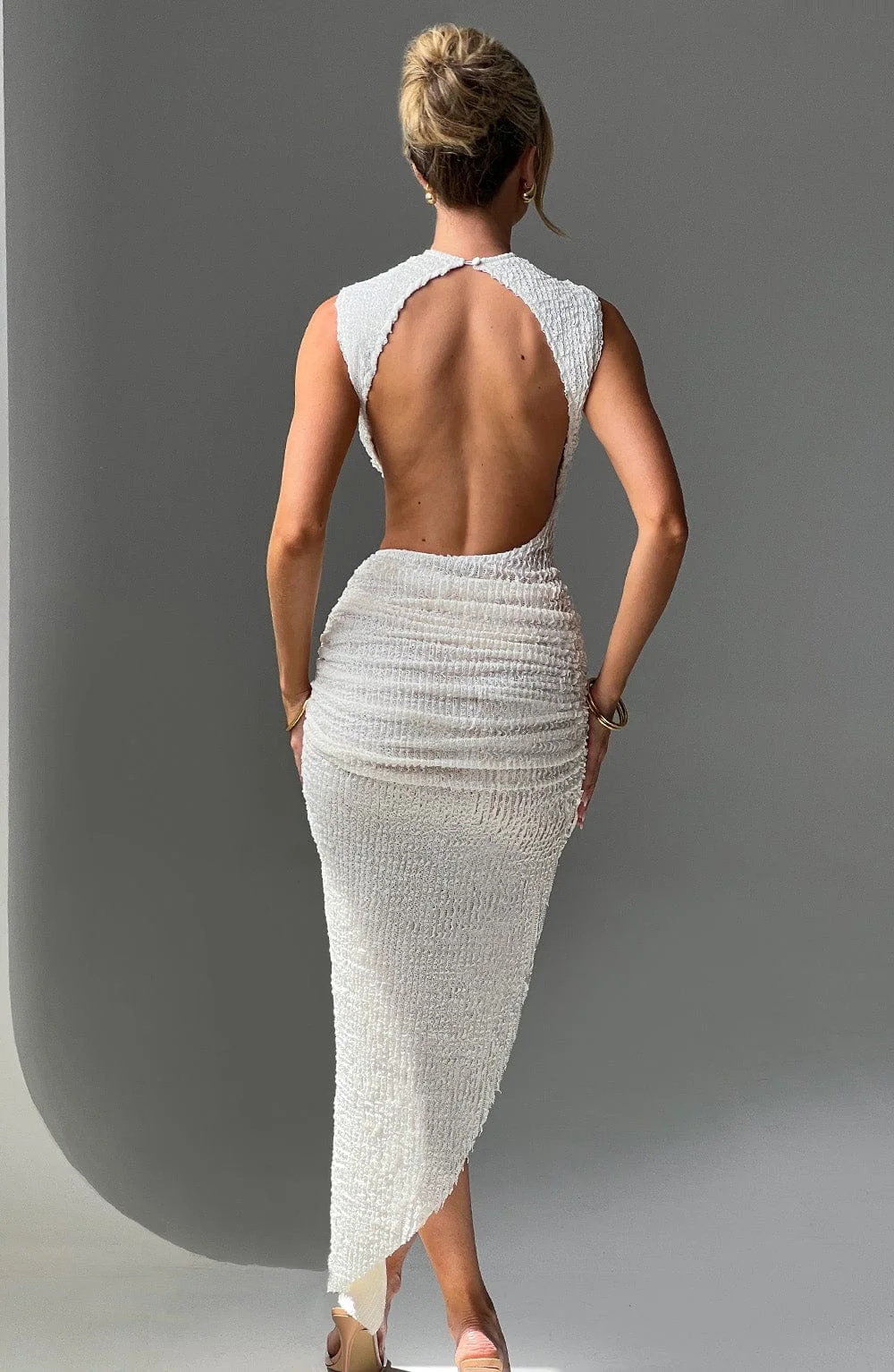 Elegant Ivory Textured Stretch High Neck Open Back Midi Dress