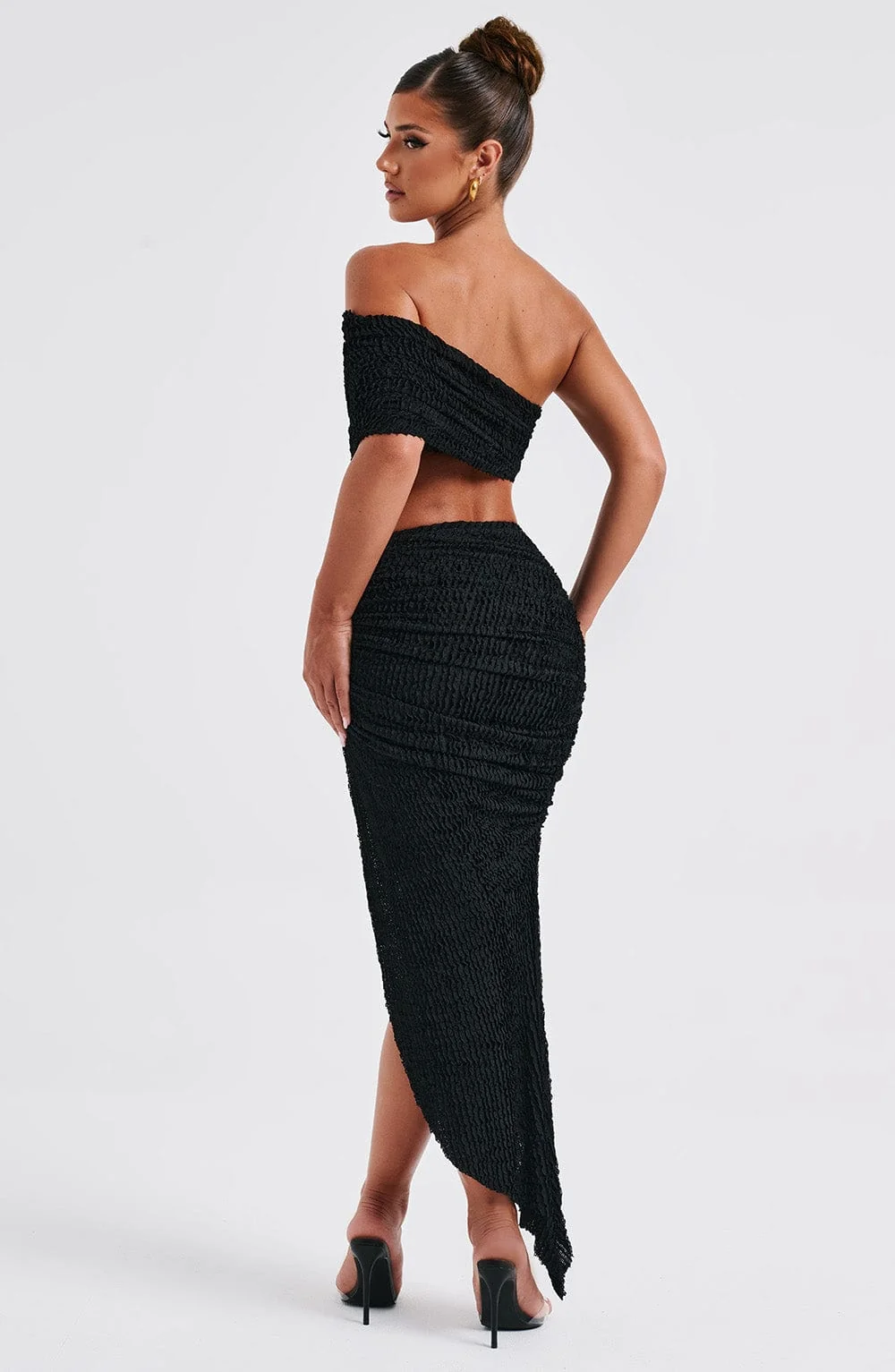 Black Textured Stretch Fabric Drawstring Midi Skirt