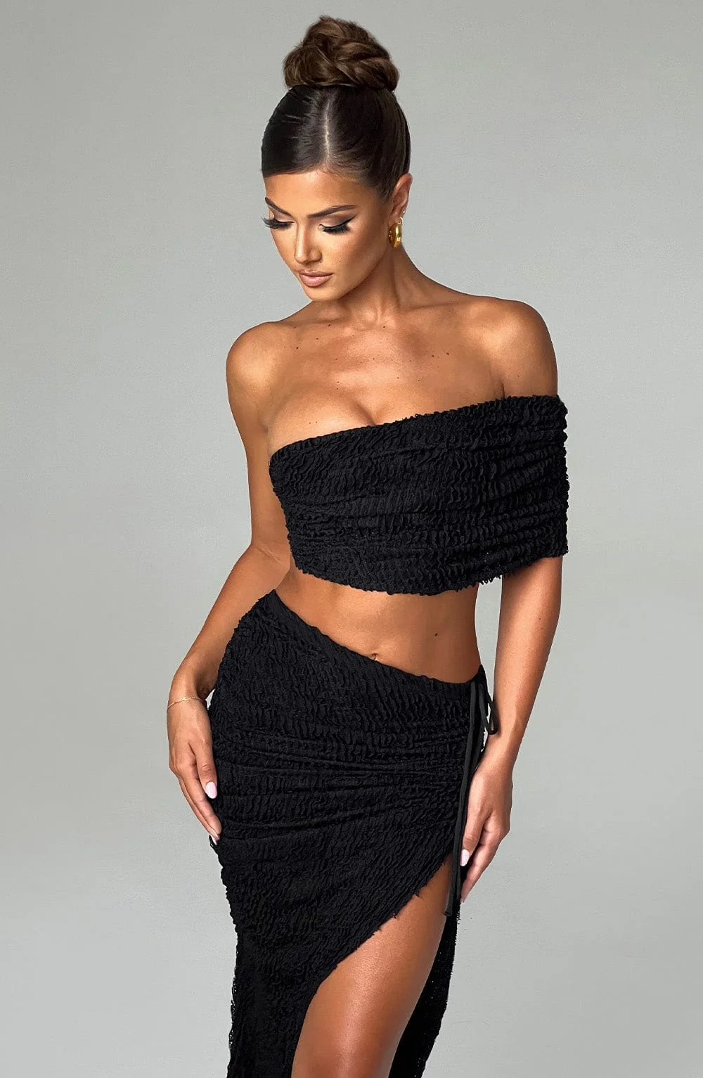 Black Textured Stretch Fabric Drawstring Midi Skirt