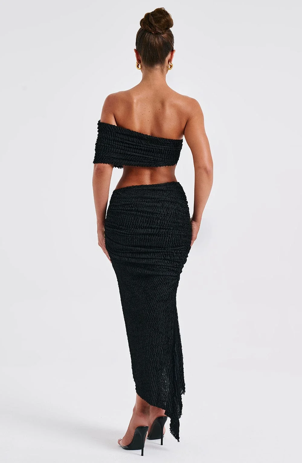 Black Textured Stretch Fabric Drawstring Midi Skirt