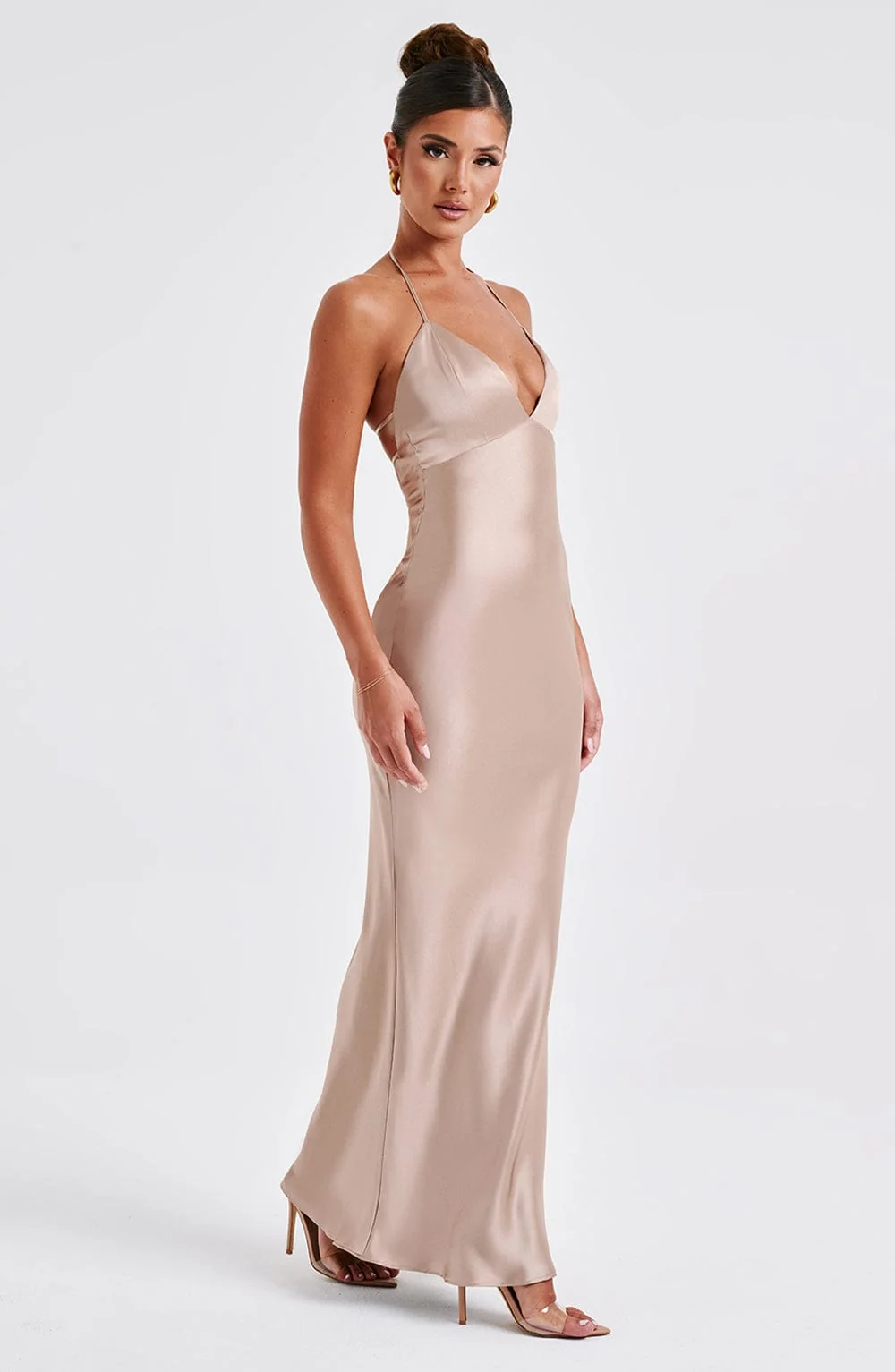 Champagne Halter Neck Maxi Dress - Elegant Evening Gown