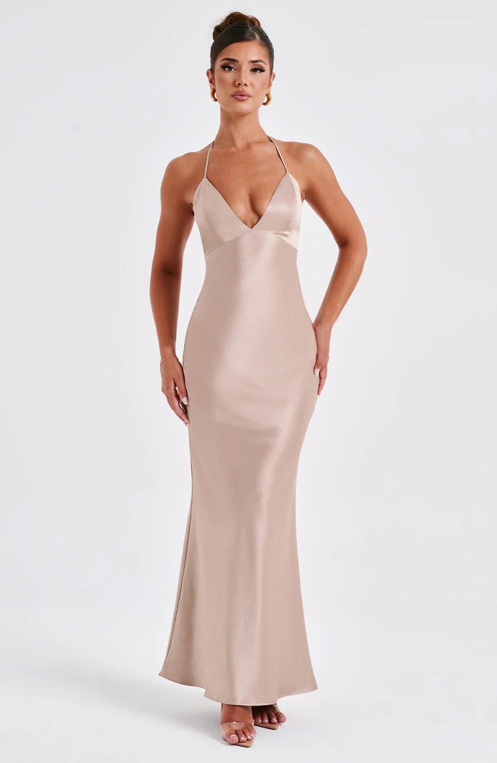 Champagne Halter Neck Maxi Dress - Elegant Evening Gown