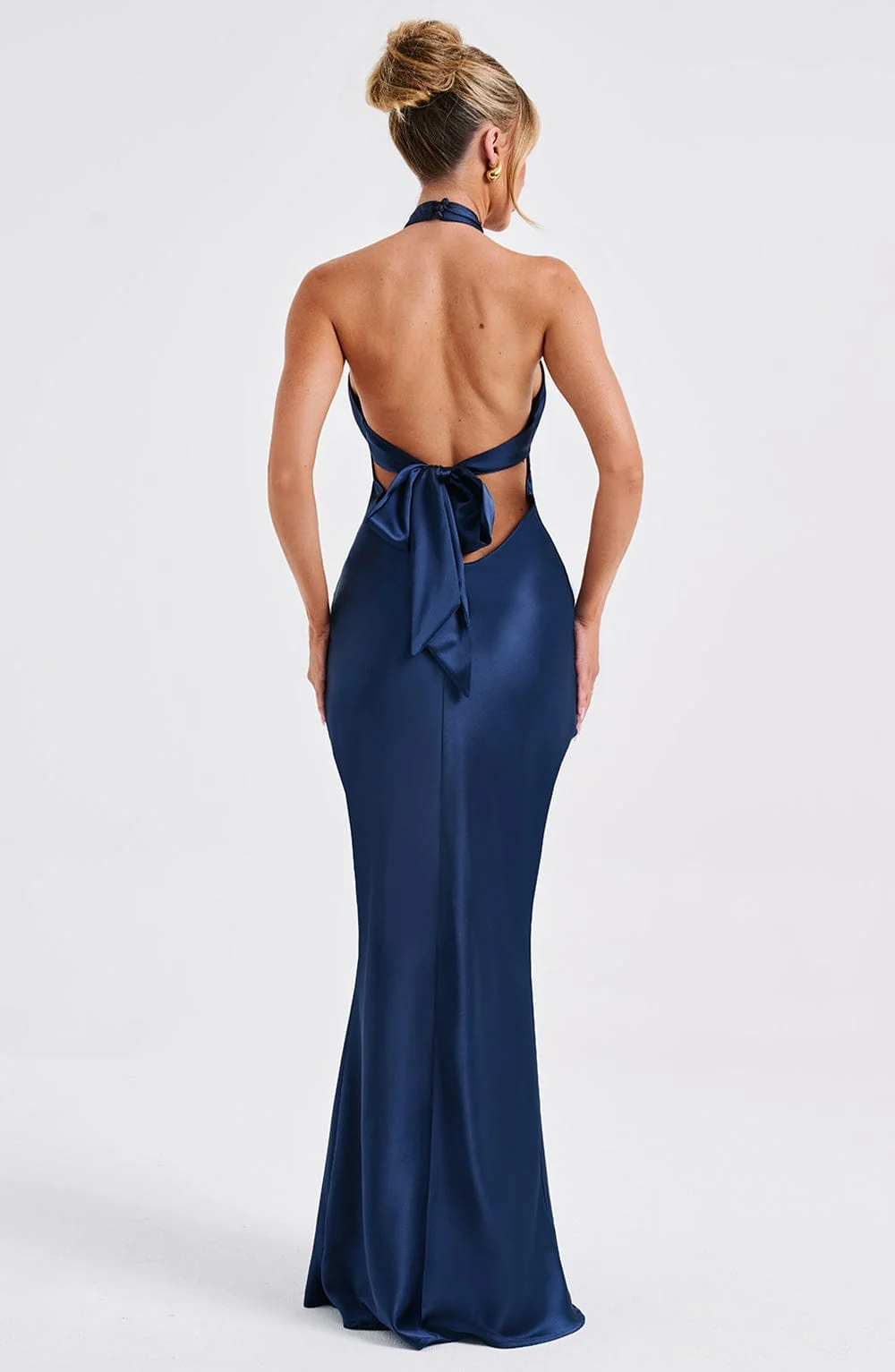 Navy Satin Fit and Flare Maxi Dress with Cross Neckline