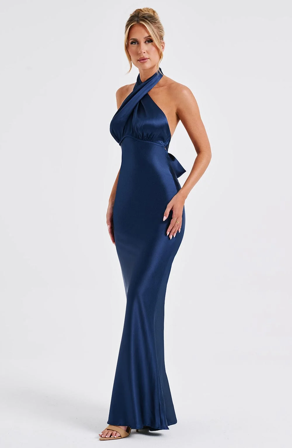 Navy Satin Fit and Flare Maxi Dress with Cross Neckline
