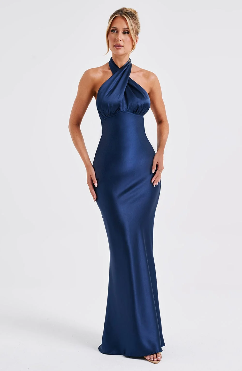 Navy Satin Fit and Flare Maxi Dress with Cross Neckline