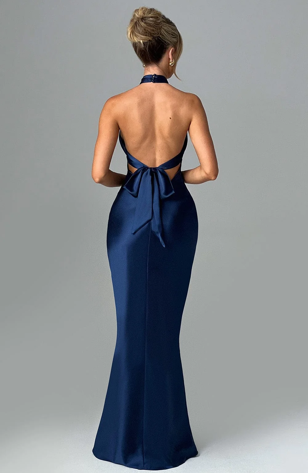 Navy Satin Fit and Flare Maxi Dress with Cross Neckline