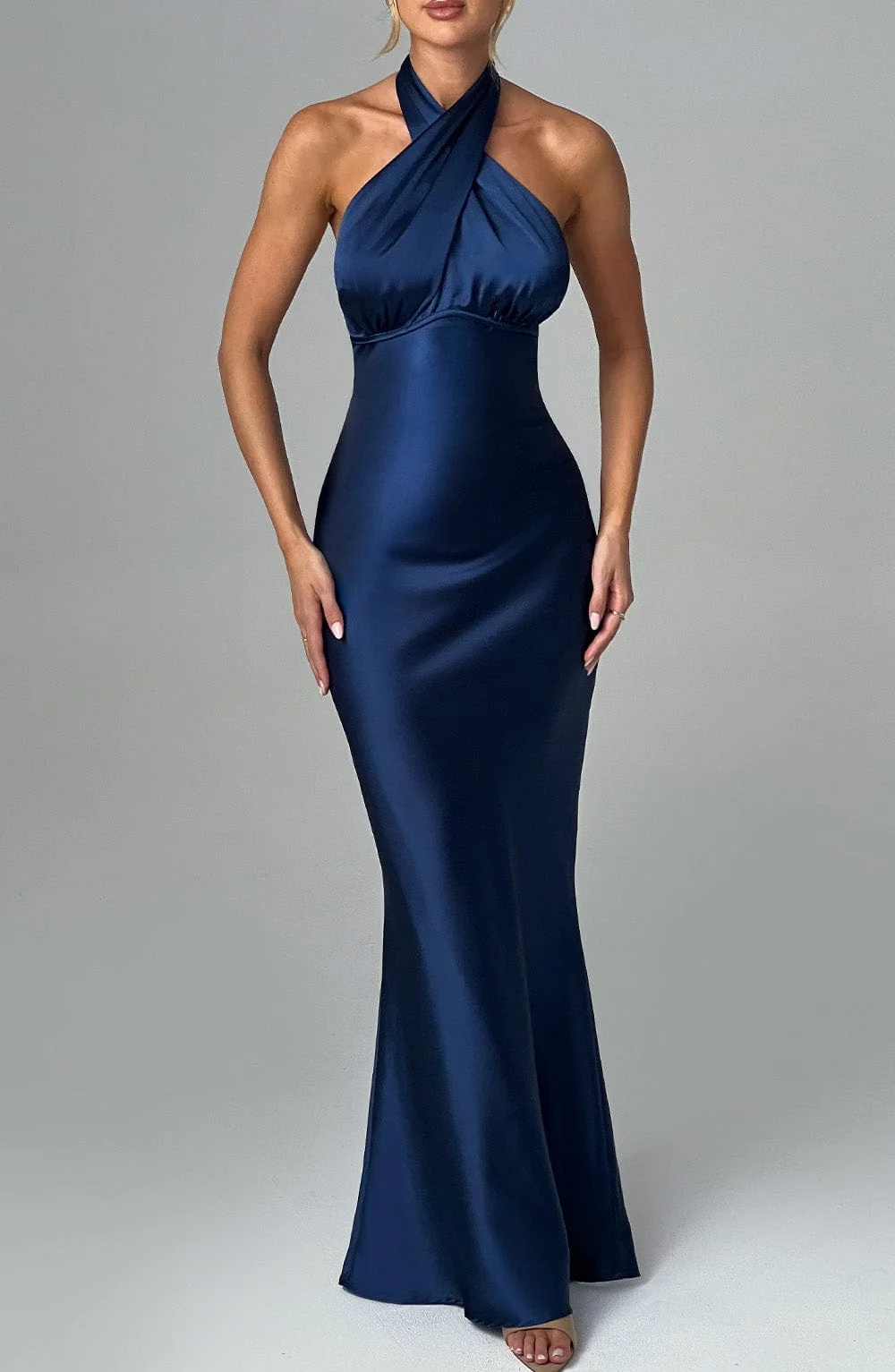 Navy Satin Fit and Flare Maxi Dress with Cross Neckline