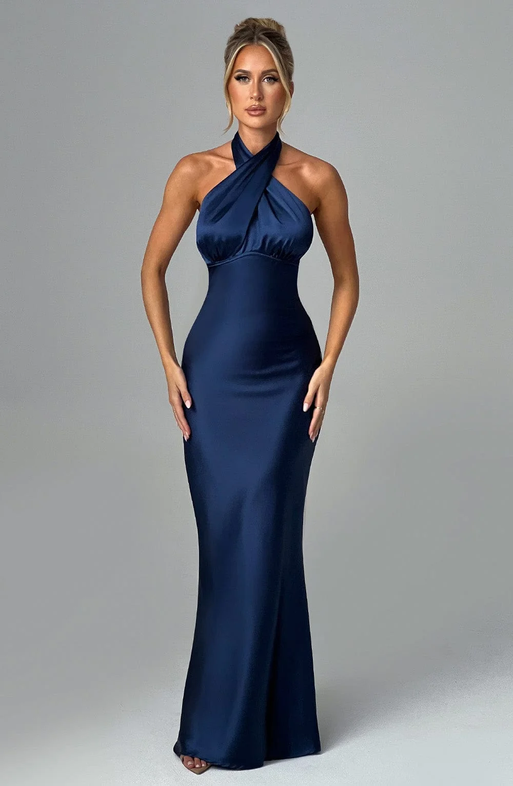 Navy Satin Fit and Flare Maxi Dress with Cross Neckline
