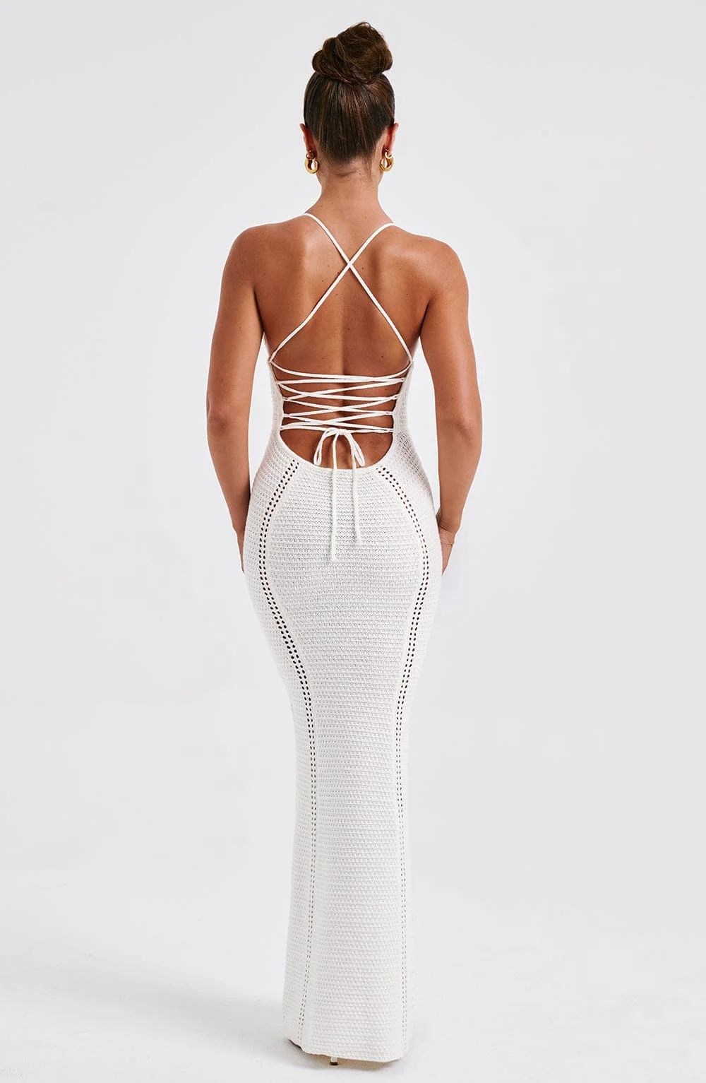 White Crochet Maxi Dress with Boning and Lace-Up Back