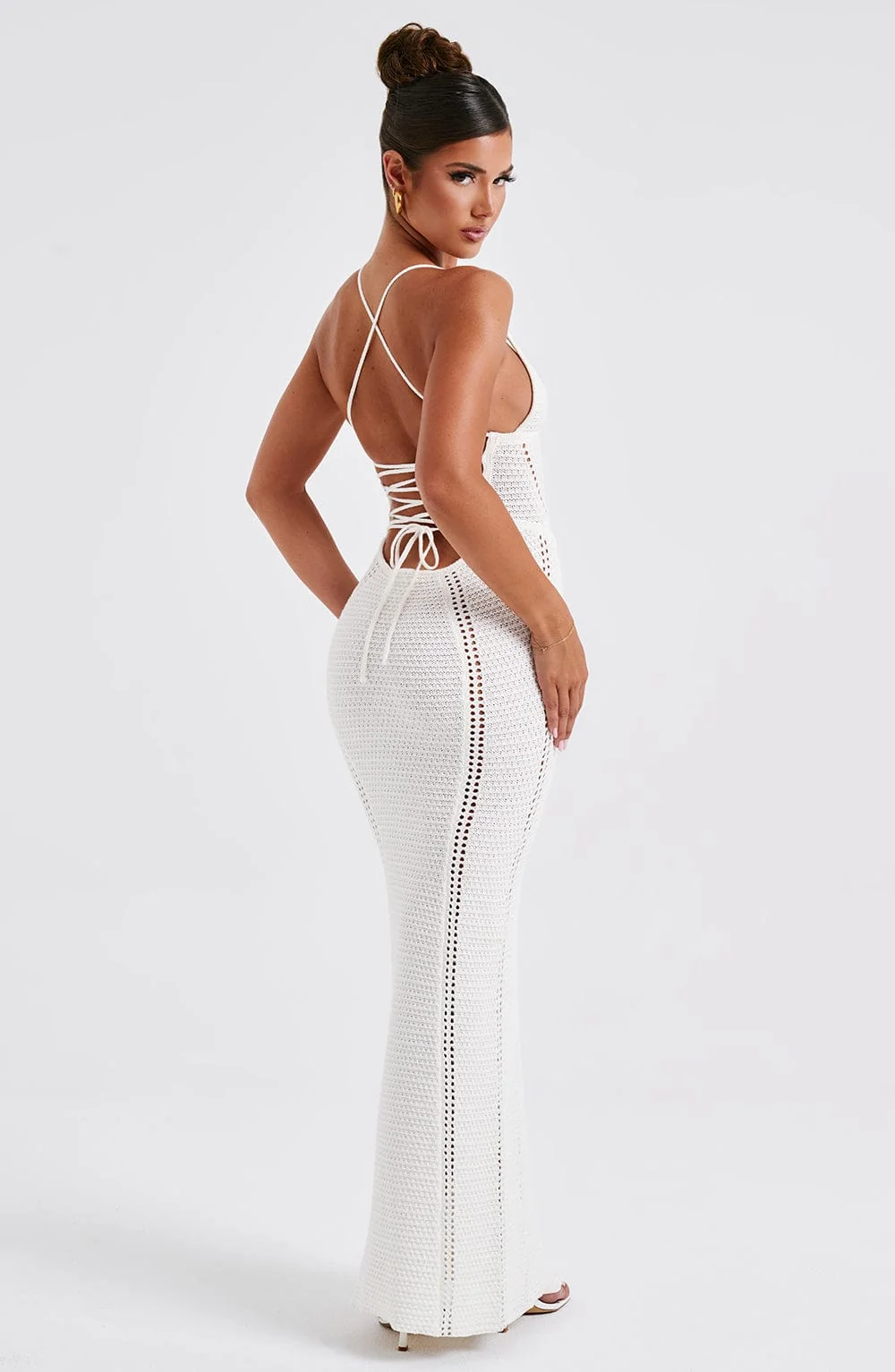 White Crochet Maxi Dress with Boning and Lace-Up Back