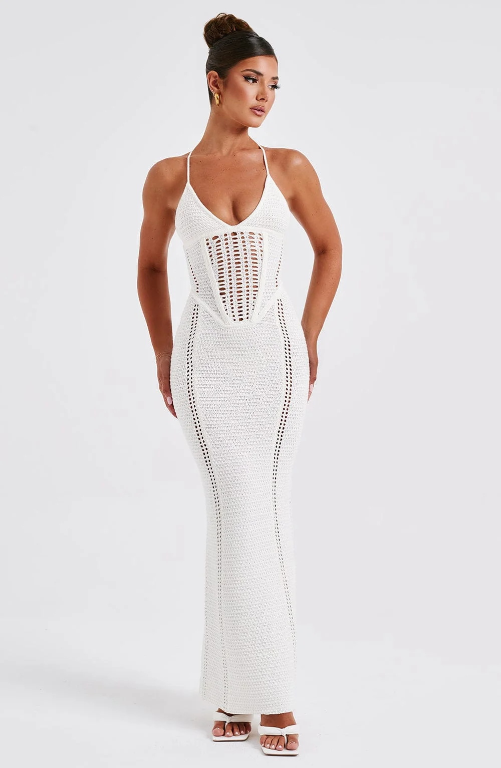 White Crochet Maxi Dress with Boning and Lace-Up Back