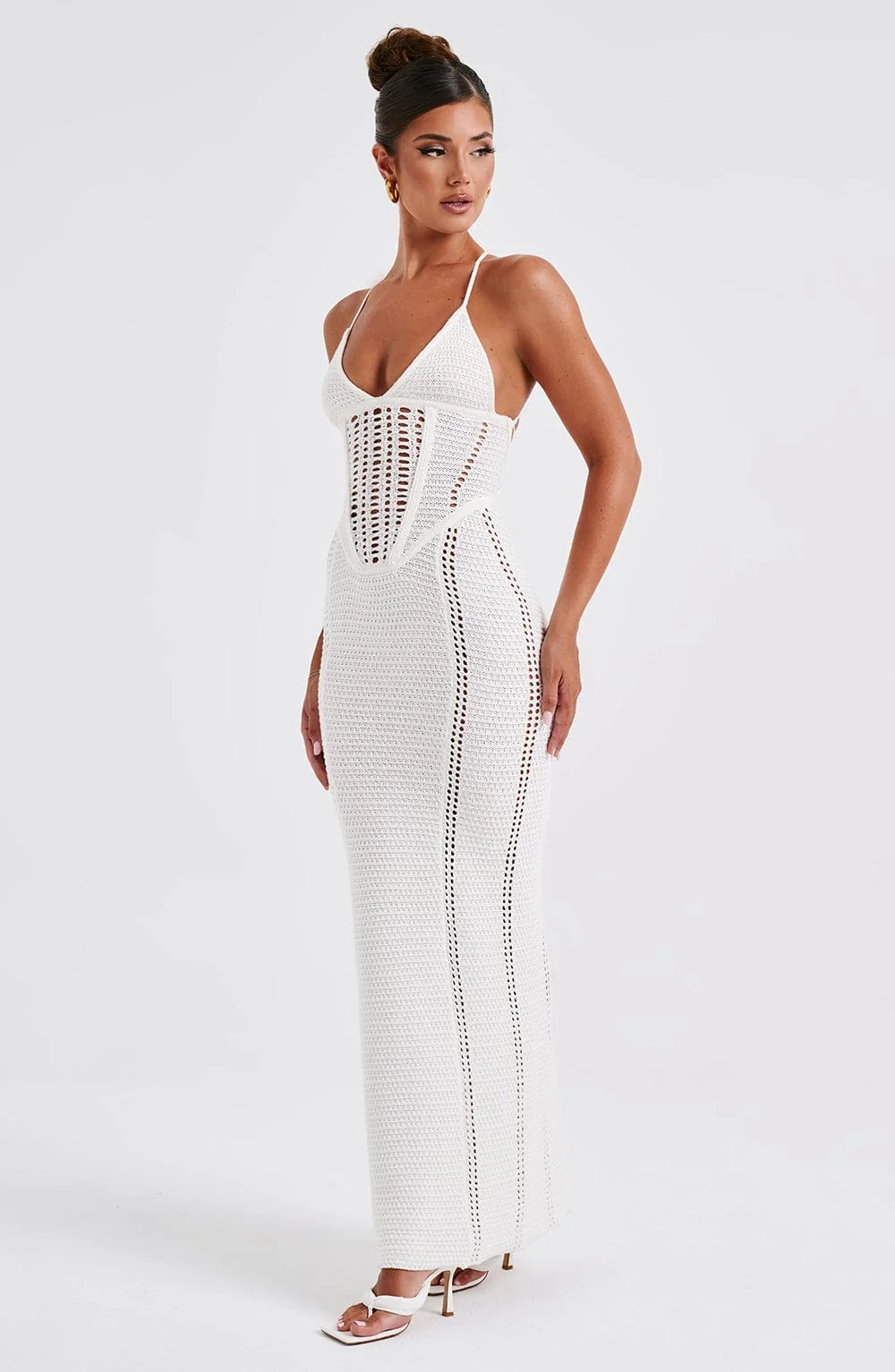 White Crochet Maxi Dress with Boning and Lace-Up Back