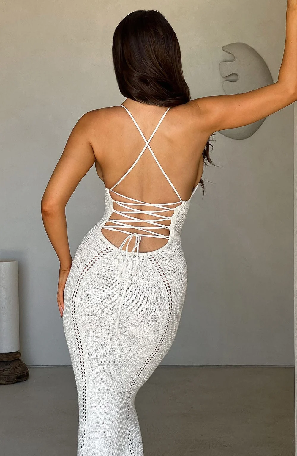 White Crochet Maxi Dress with Boning and Lace-Up Back