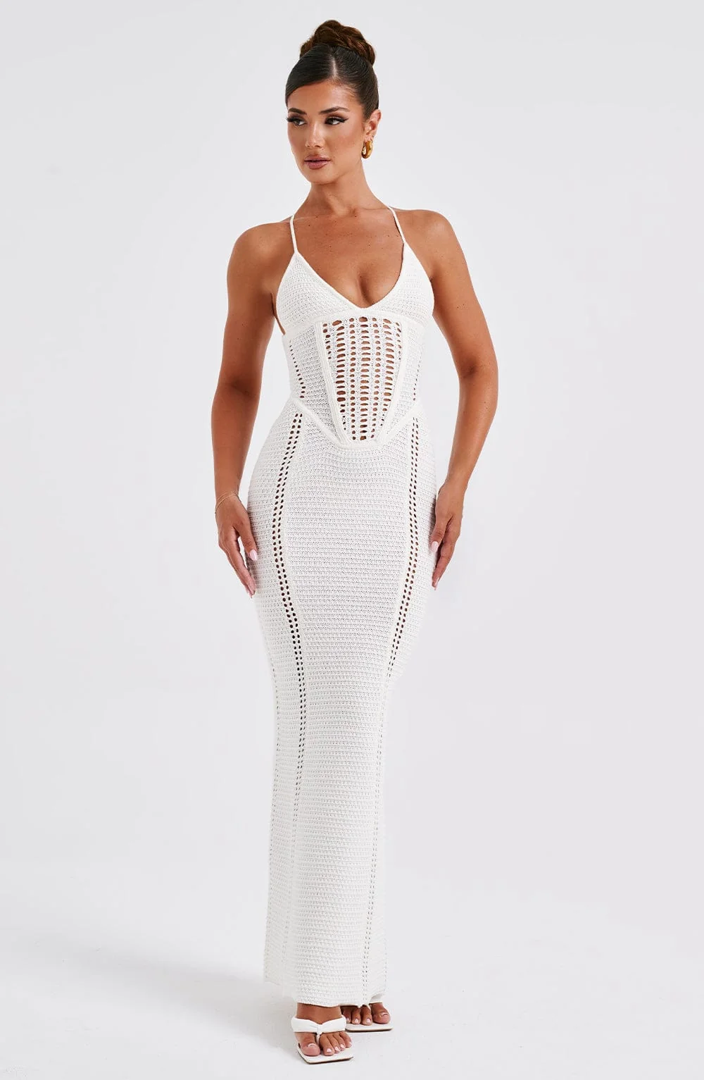 White Crochet Maxi Dress with Boning and Lace-Up Back