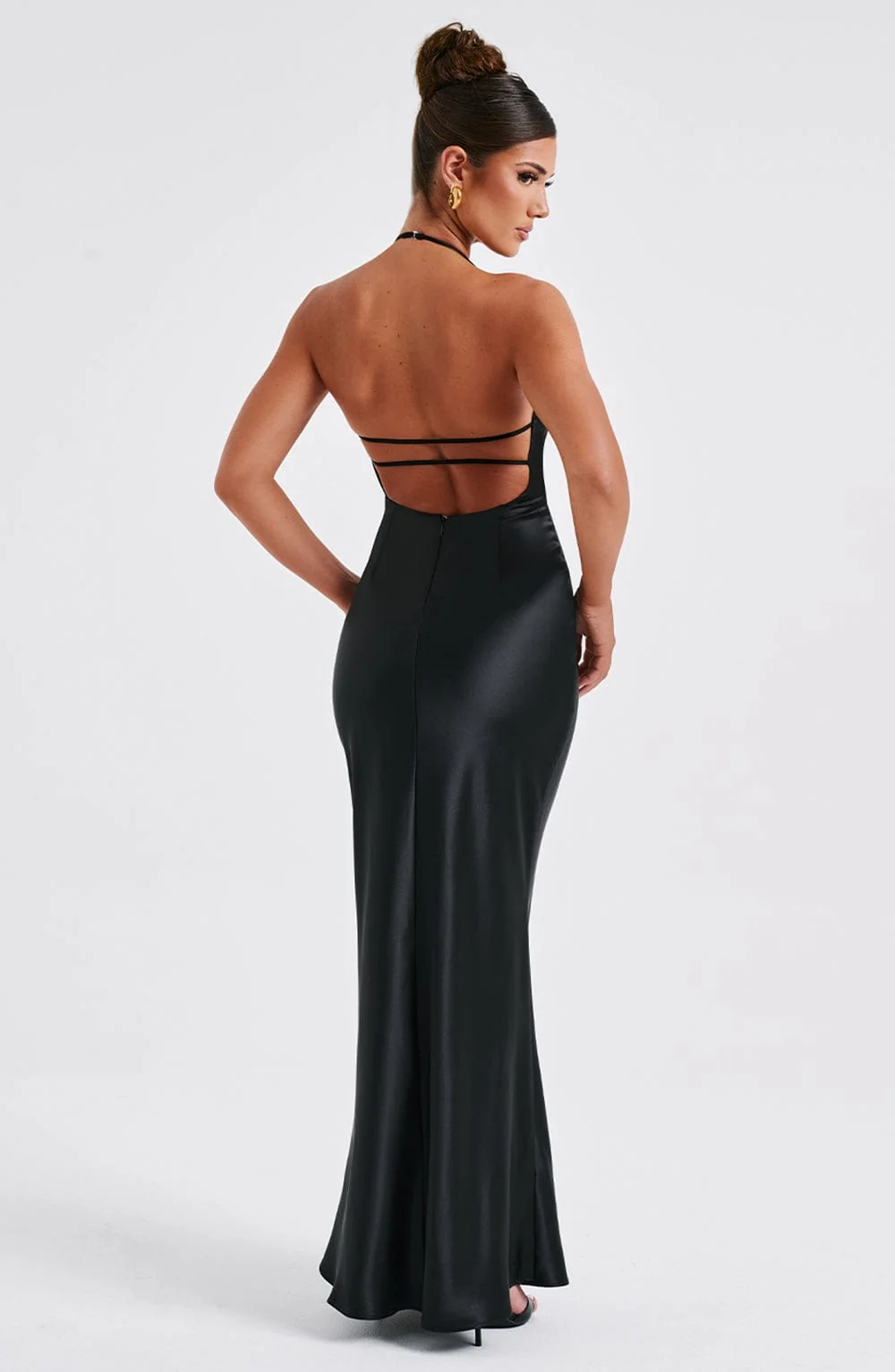 Black Satin Maxi Dress with Halter Neckline - Elegant Evening Wear