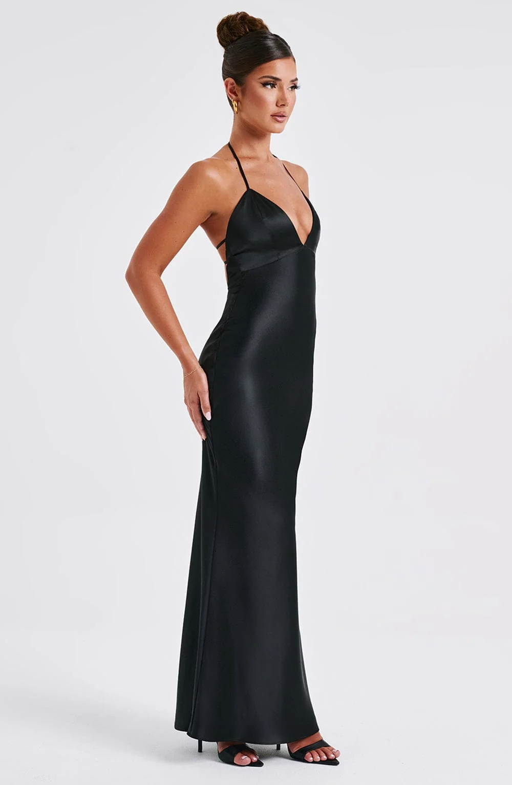 Black Satin Maxi Dress with Halter Neckline - Elegant Evening Wear