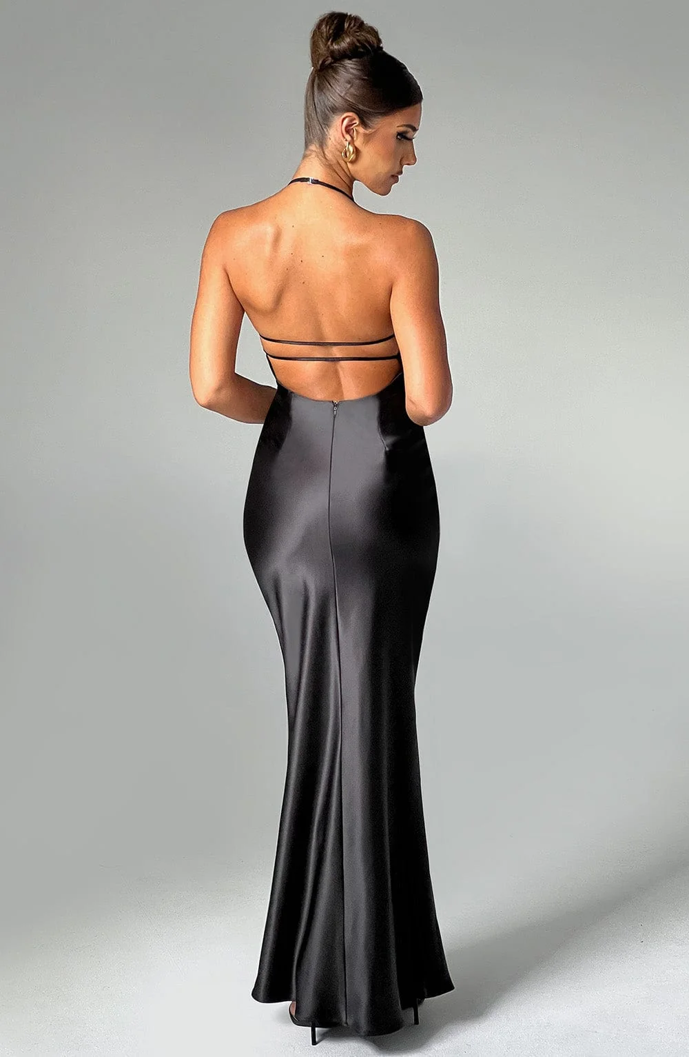 Black Satin Maxi Dress with Halter Neckline - Elegant Evening Wear