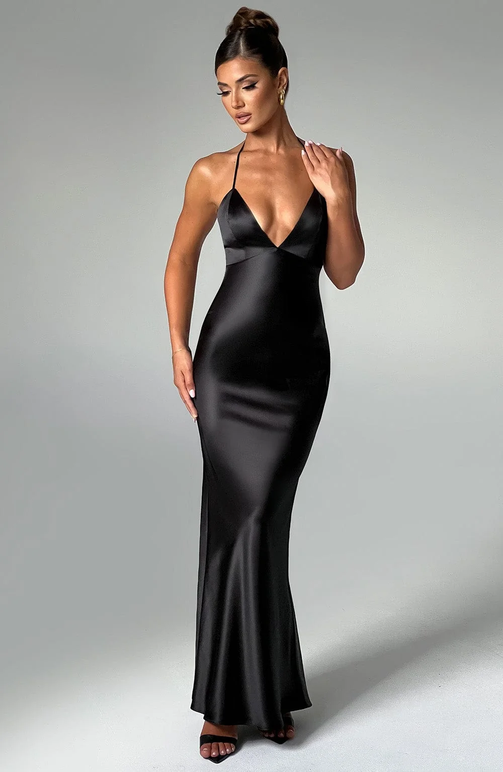 Black Satin Maxi Dress with Halter Neckline - Elegant Evening Wear