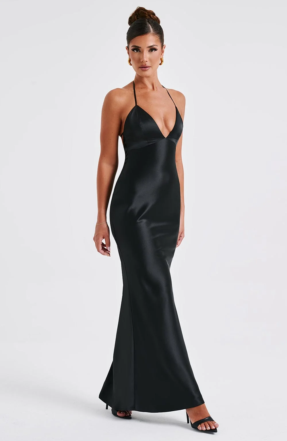 Black Satin Maxi Dress with Halter Neckline - Elegant Evening Wear