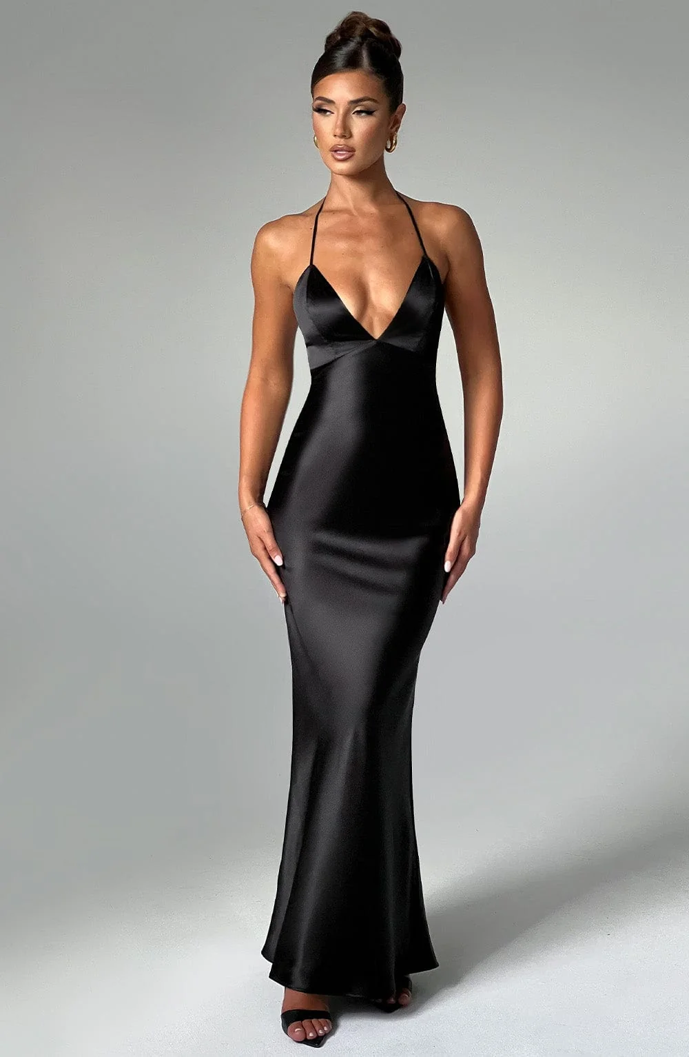 Black Satin Maxi Dress with Halter Neckline - Elegant Evening Wear