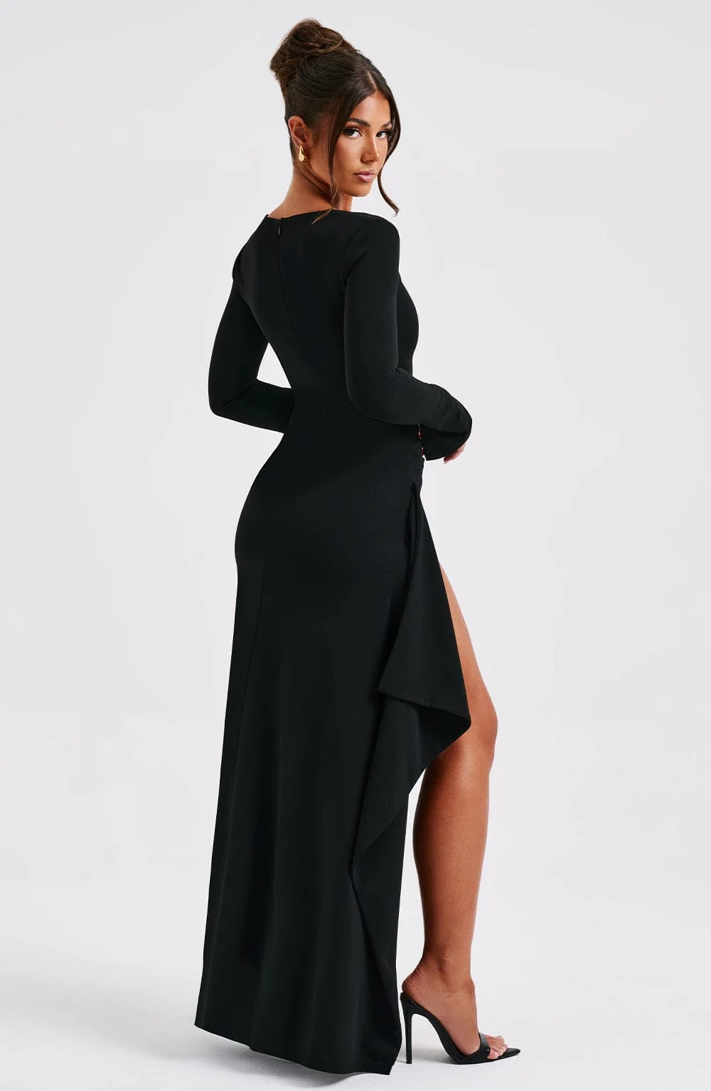 Black Stretch Crepe Maxi Dress with Flared Cuffs