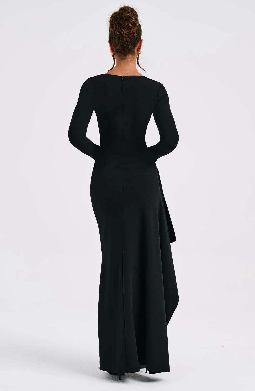 Black Stretch Crepe Maxi Dress with Flared Cuffs