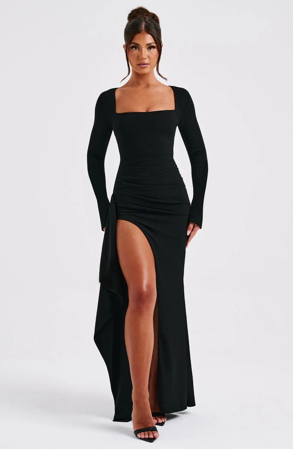 Black Stretch Crepe Maxi Dress with Flared Cuffs