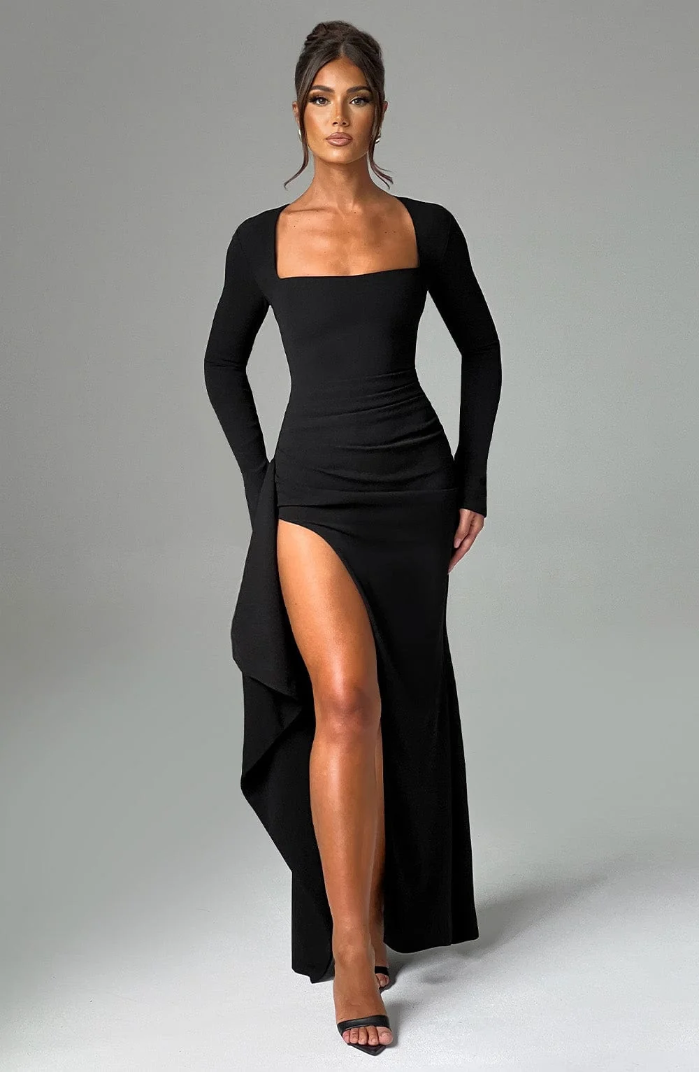 Black Stretch Crepe Maxi Dress with Flared Cuffs